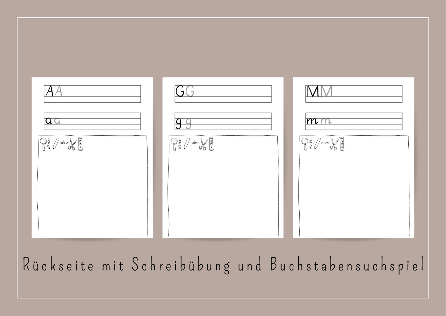 Die Rückseiten zeigen eine Schreibübung zum Buchstaben und ein Feld für ein Buchstabensuchspiel.