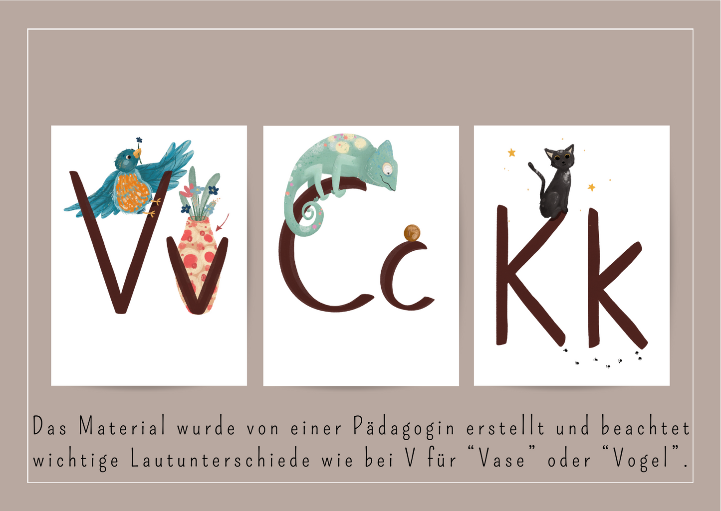 Das Material wurde von einer Pädagogin erstellt und beachtet wichtige Lautunterschiede wie bei V für Vase oder Vogel. Abgebildet sind Zeichnungen zum Buchstaben V, C und K. Vogel, Vase, Chamäleon, Cent, Katze.