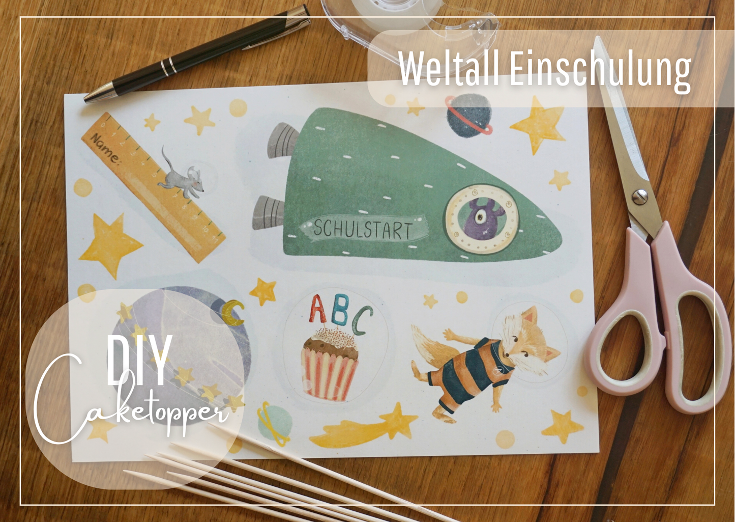 Caketopper / Deko Schuleinführung zum selber basteln; du bekommst wunderschöne Zeichnungen auf starkem Naturpapier; diese nach Belieben ausschneiden und mit Klebestreifen an Holzstäbchen befestigen; Einschulungs-Torte verzieren