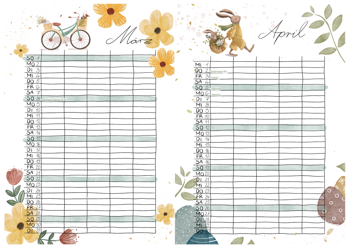 2026 Familienkalender mit schönen Zeichnungen. Hier Frühling Monate: März und April