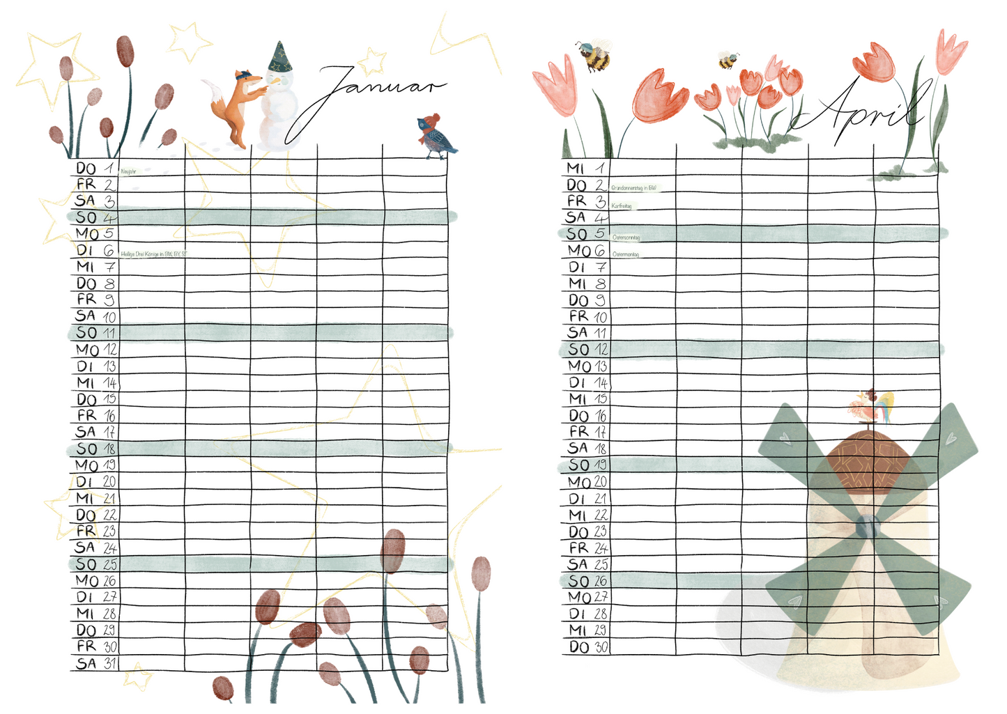 Monate Januar und April