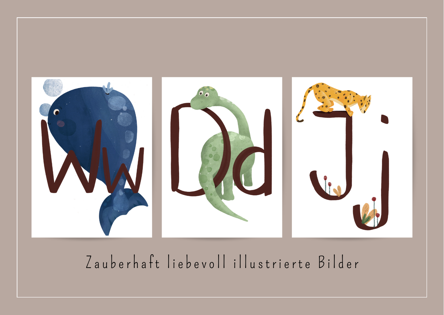 Zauberhaft liebevoll illustrierte Bilder von Tieren und Pflanzen und Natur passend zum Laut der Buchstaben. Man sieht die detaillierte Struktur der Aquarell- und Kreidezeichnung.