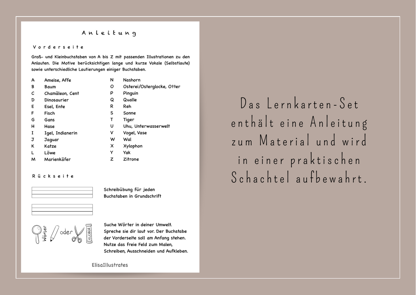 Das Lernkarten-Set enthält eine Anleitung zum Material und wird in einer praktischen Schachtel aufbewahrt.