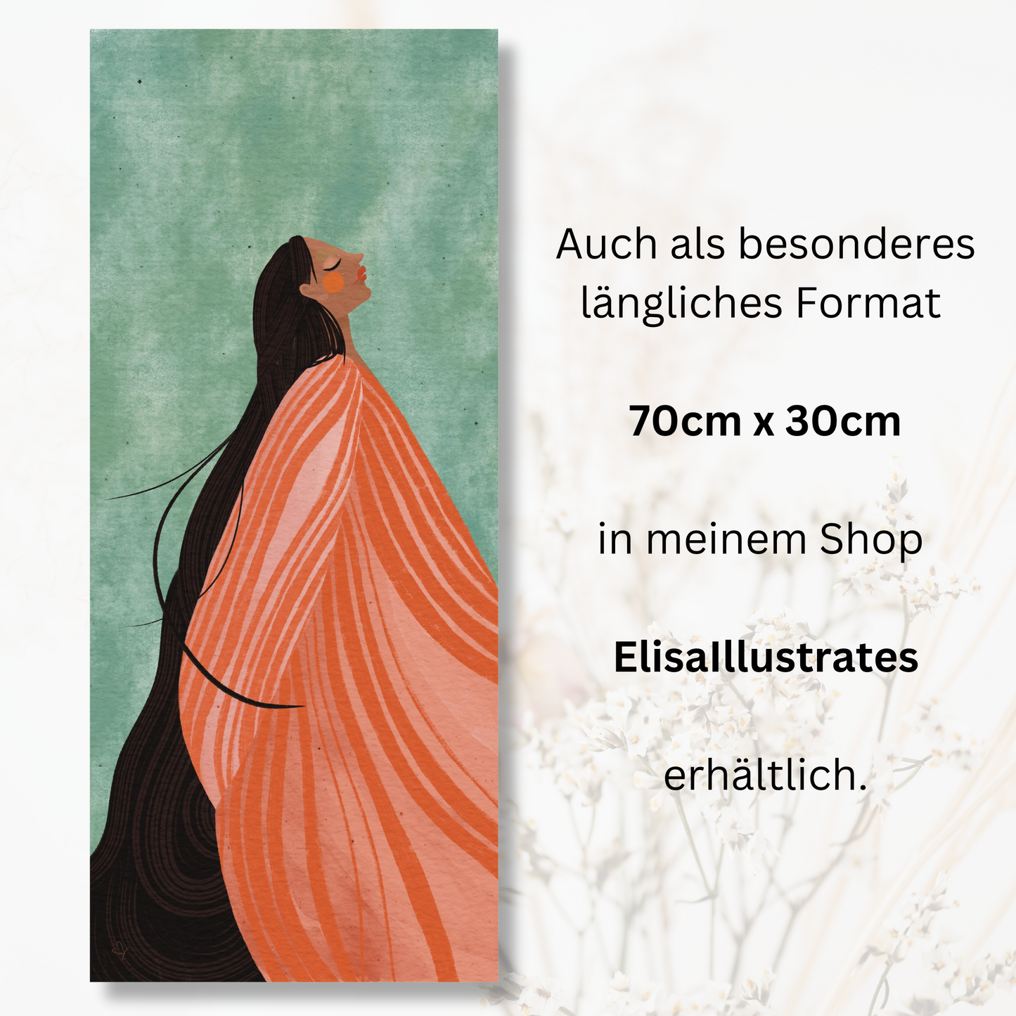 Auch als besonderes längliches Format 70cm x 30cm in meinem Shop ElisaIllustrates erhältlich. Längliches Poster Nora ist abgebildet.