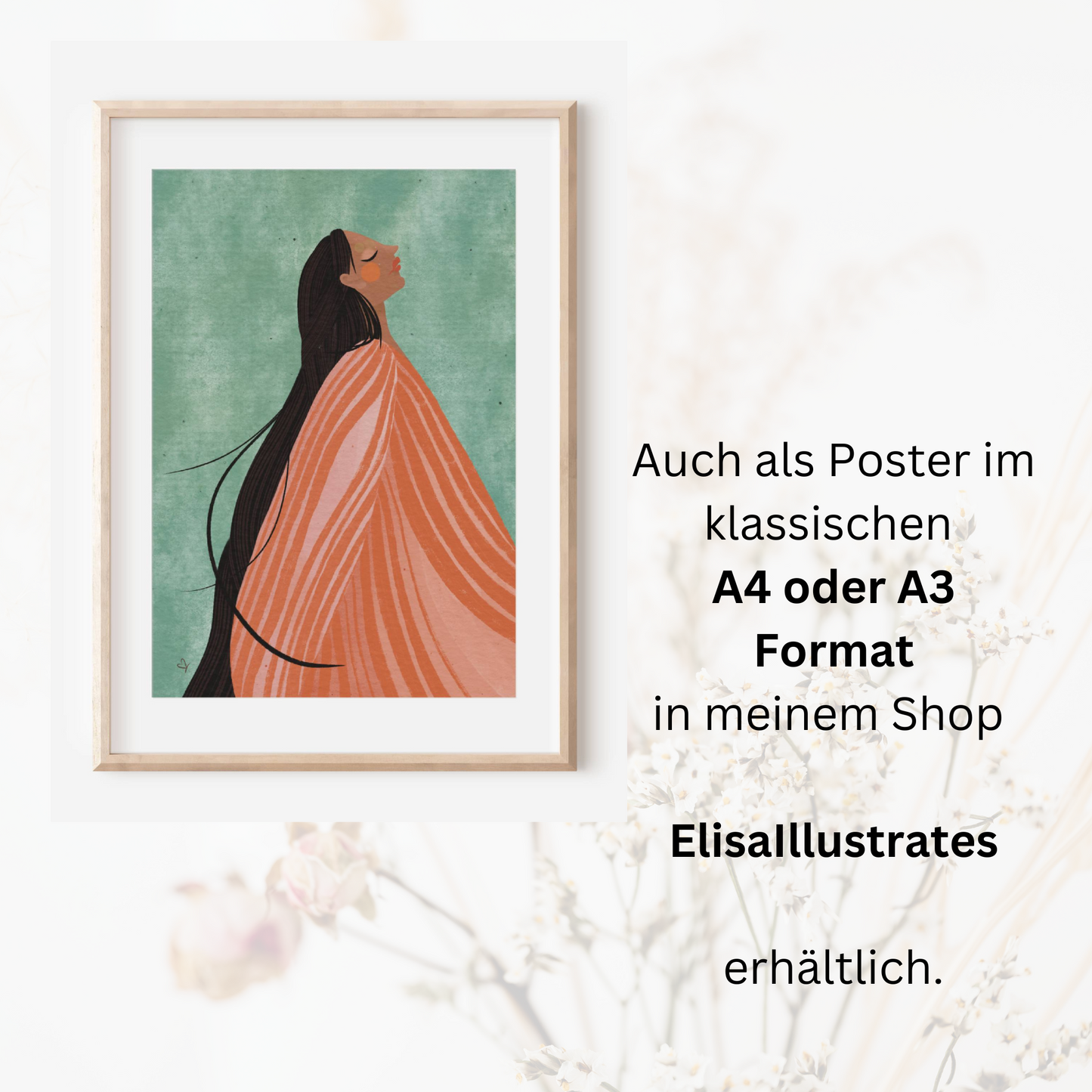 Auch als klassisches A4 und A3 Format in meinem Shop ElisaIllustrates erhältlich. Poster Nora A3 ist mit Rahmen abgebildet.