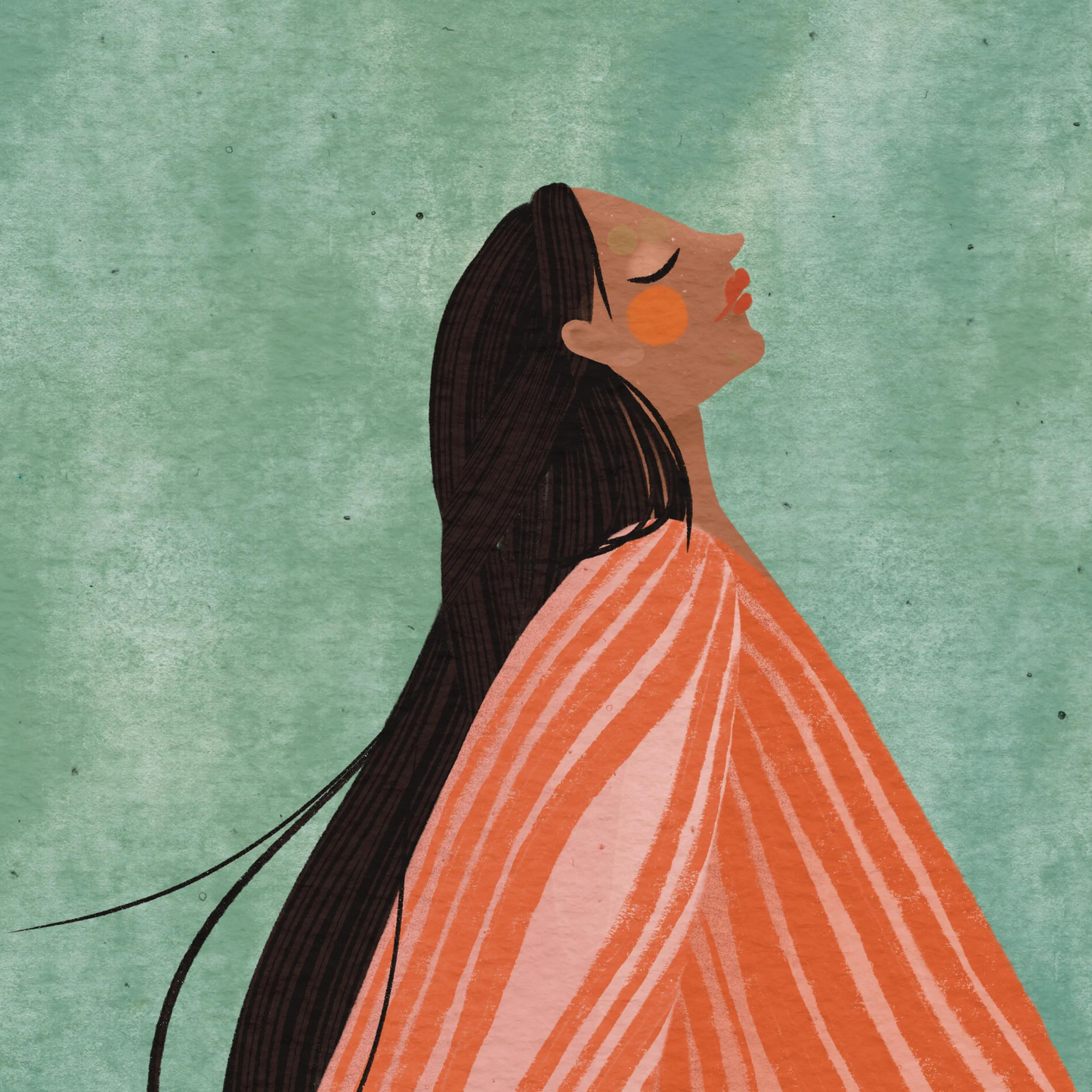 Handgemachte Illustration von wunderschöner Frau. Tolle harmonische Farben. Die Pose der Frau strahlt Ruhe und Lebensgenuss aus. Man sieht die schöne, detaillierte Struktur des Motives und der Leinwand.