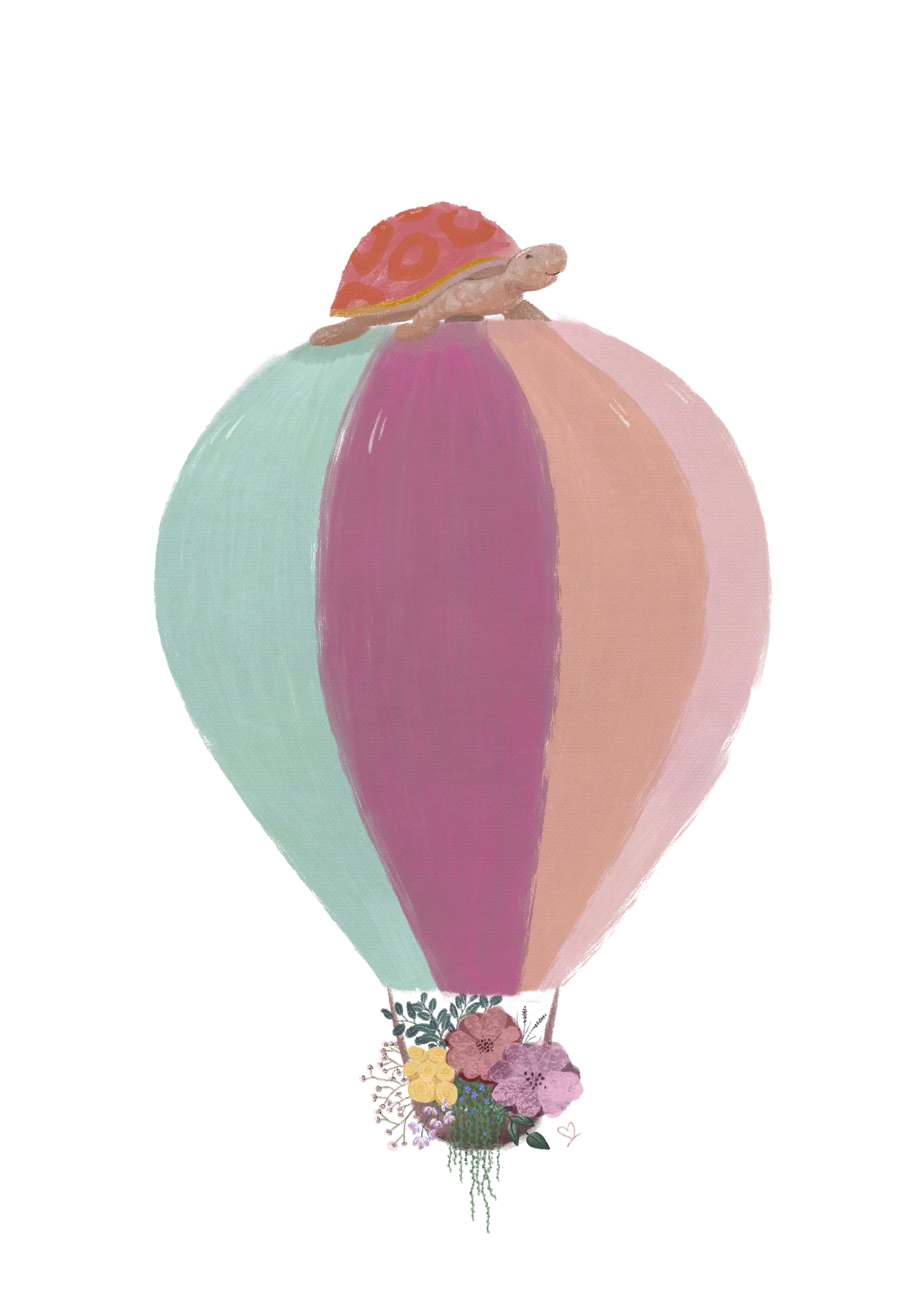 Handgemachte Illustration von süßer Schildkröte, die auf einem Heißluftballon fliegt und Blumen transportiert. Man sieht die schöne, detaillierte Struktur des Motives.