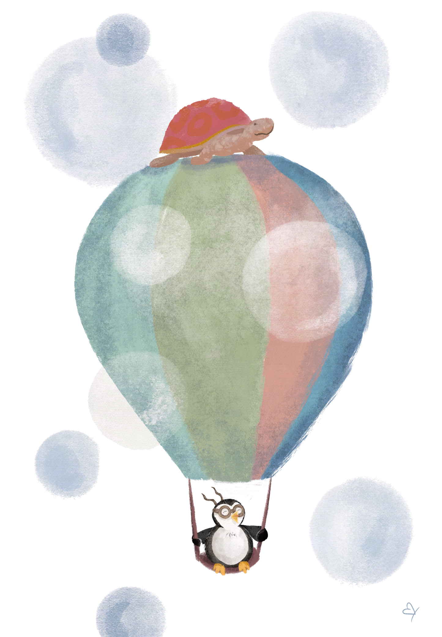 Handgemachte Illustration von einem Freundepaar bei einer Ballonfahrt. Man sieht die schöne, detaillierte Struktur des Motives.