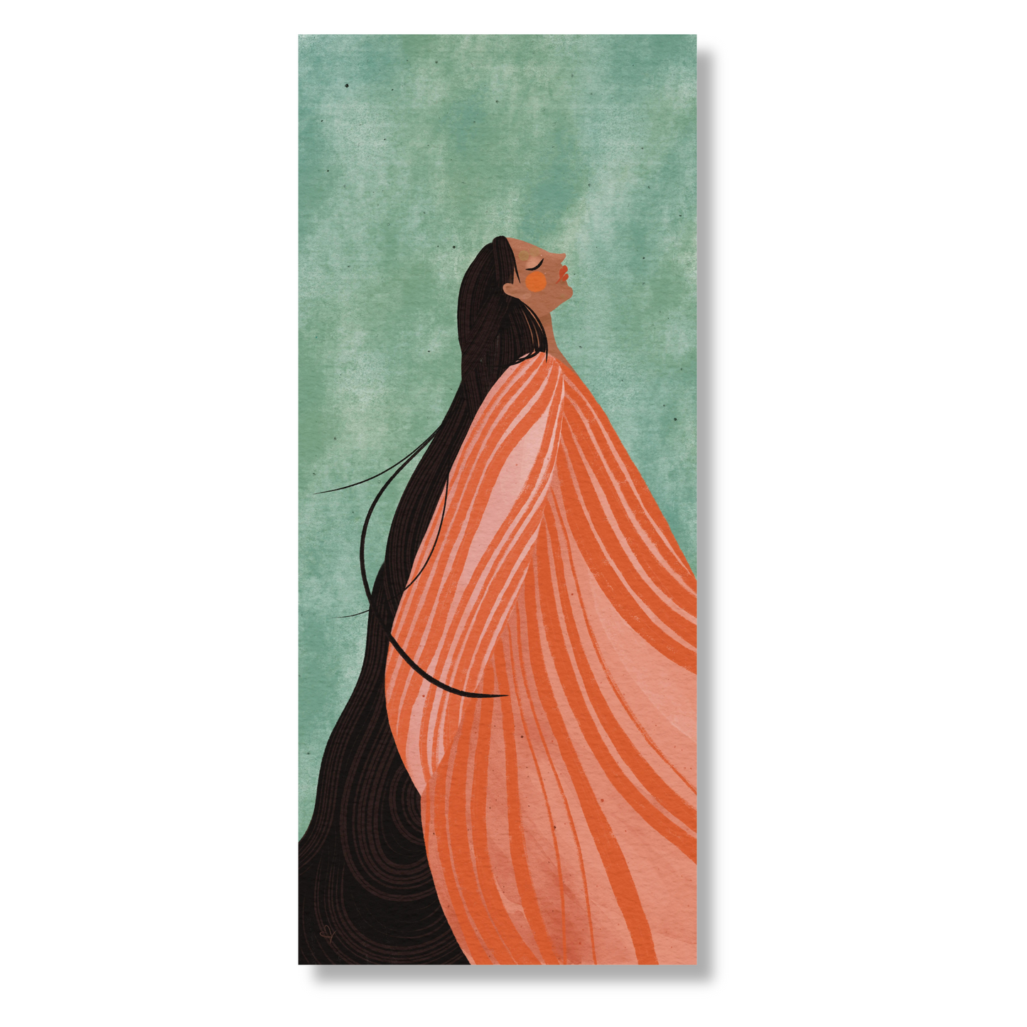 Poster länglich von einer Frau mit langem braunen Haar und sehr großem rosé/orange farbenem Kleid. Der Wind bläst durch ihr Haar und ihr Kleid. Türkiser Hintergrund. Leuchtend kreisrunde Wangen. Für Kinder oder Erwachsene als Geschenk oder Wanddeko.