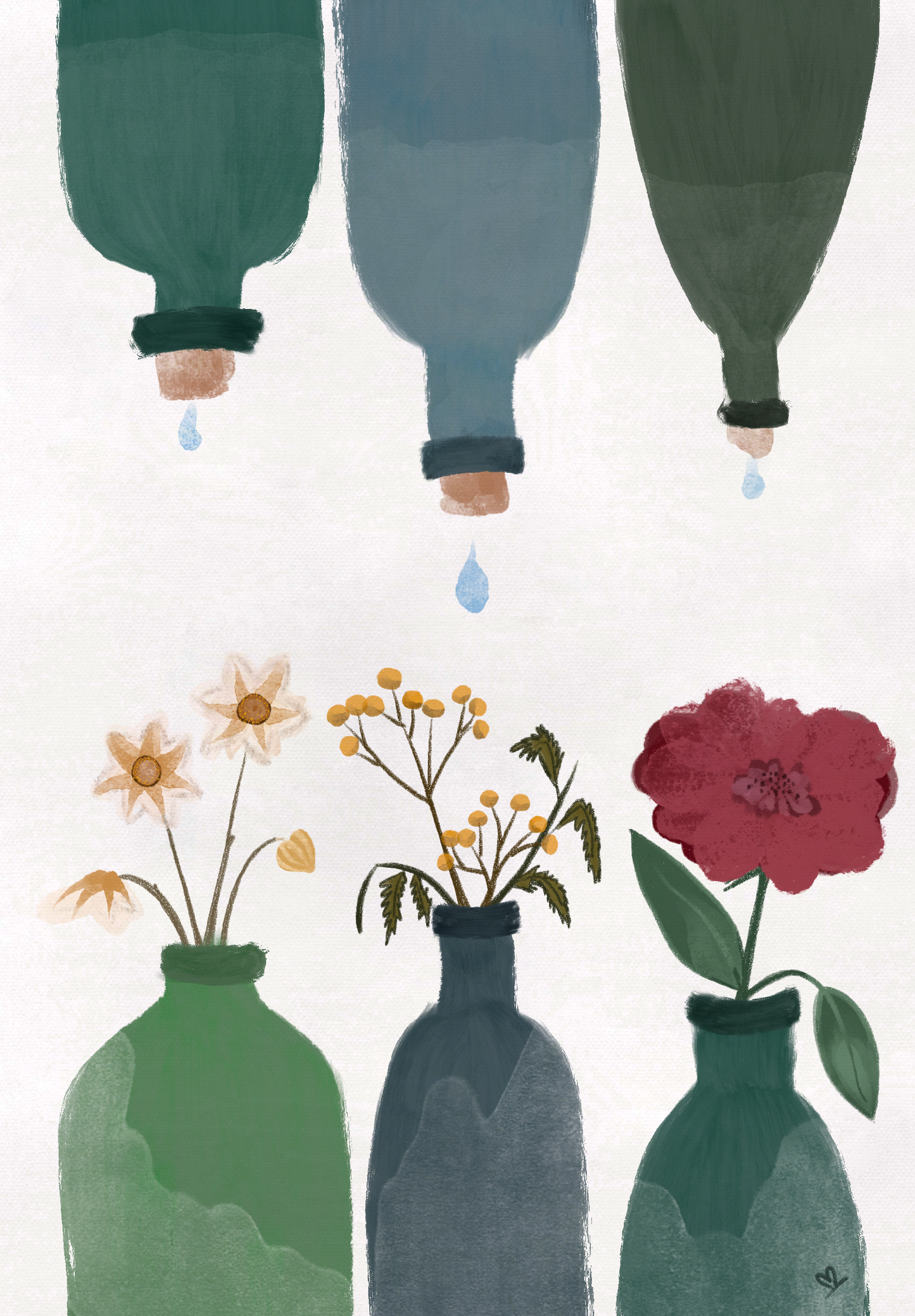 Von Hand gezeichnete Illustration. Aquarell Kreide Zeichnung. Vintage Blumen, die in grünen Flaschen stehen. Von oben tropft Wasser auf die Blüten aus darüber hängenden grünen Flaschen.