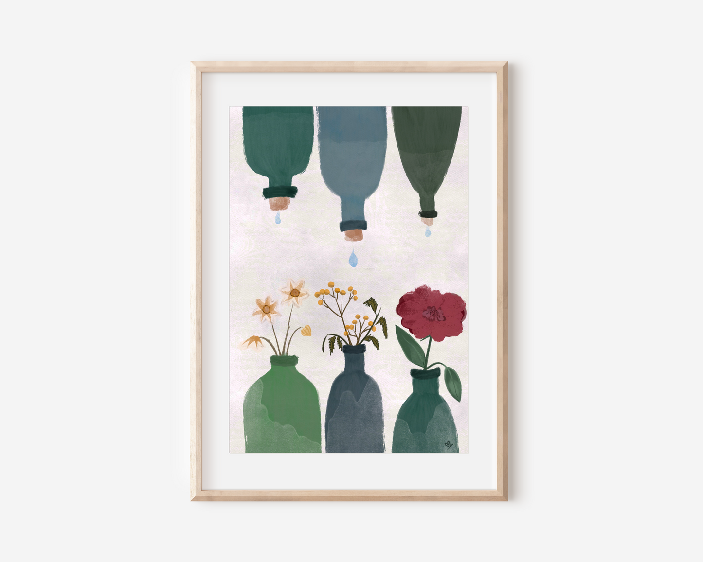 Poster im Rahmen von vintage Blumen, die in grünen Flaschen stehen. Von oben tropft Wasser aus verkorkten, grünen Flaschen auf die Blumen unter ihnen. Für Kinder oder Erwachsene als Geschenk oder Wanddeko.