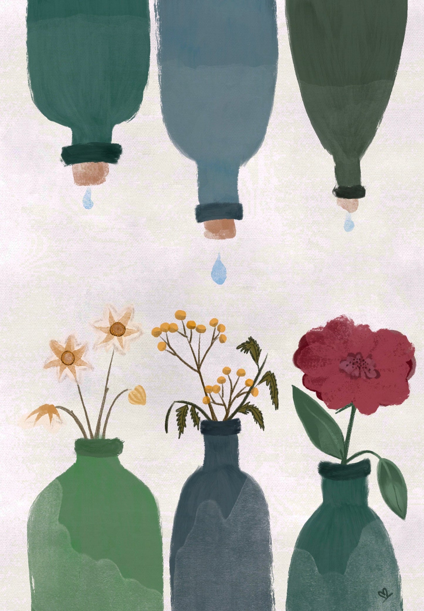 Handgemachte, einzigartige Illustration von Blumen in Flaschen. Man sieht die schöne, detaillierte Struktur des Motives und Papieres.