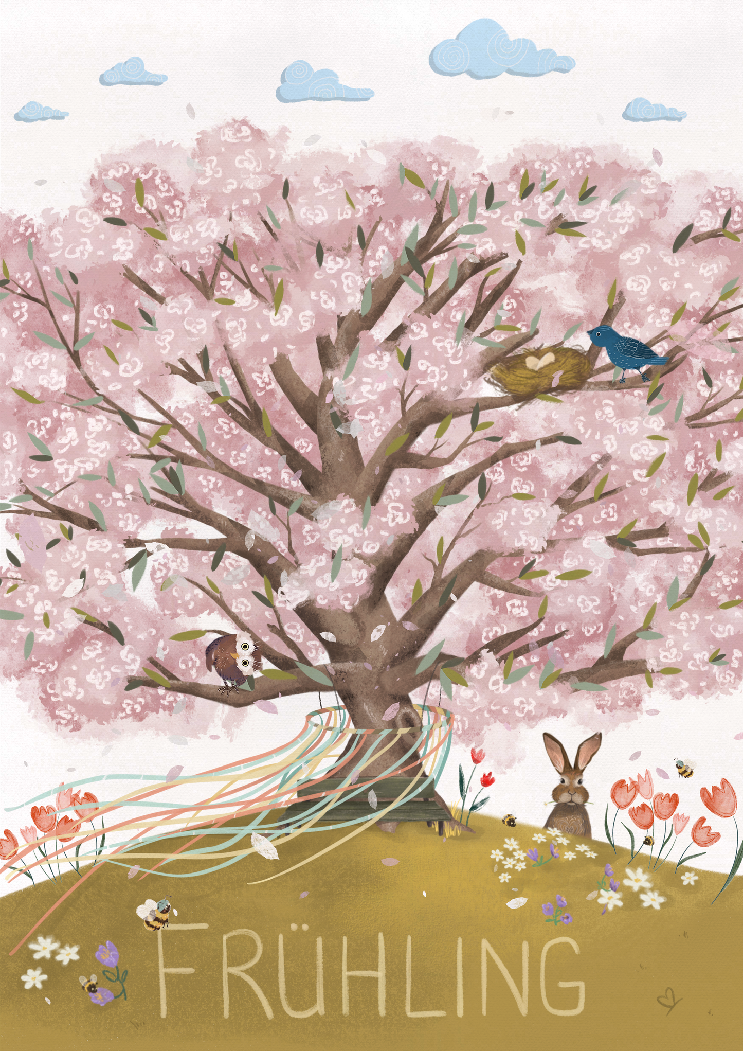 Das Bild "Frühling" ist groß zu sehen mit Details wie Osterhase, bunte Bänder an einem Maibaum wehen im Wind, Bienen an Frühblühern und einem Vogelnest mit Eiern.