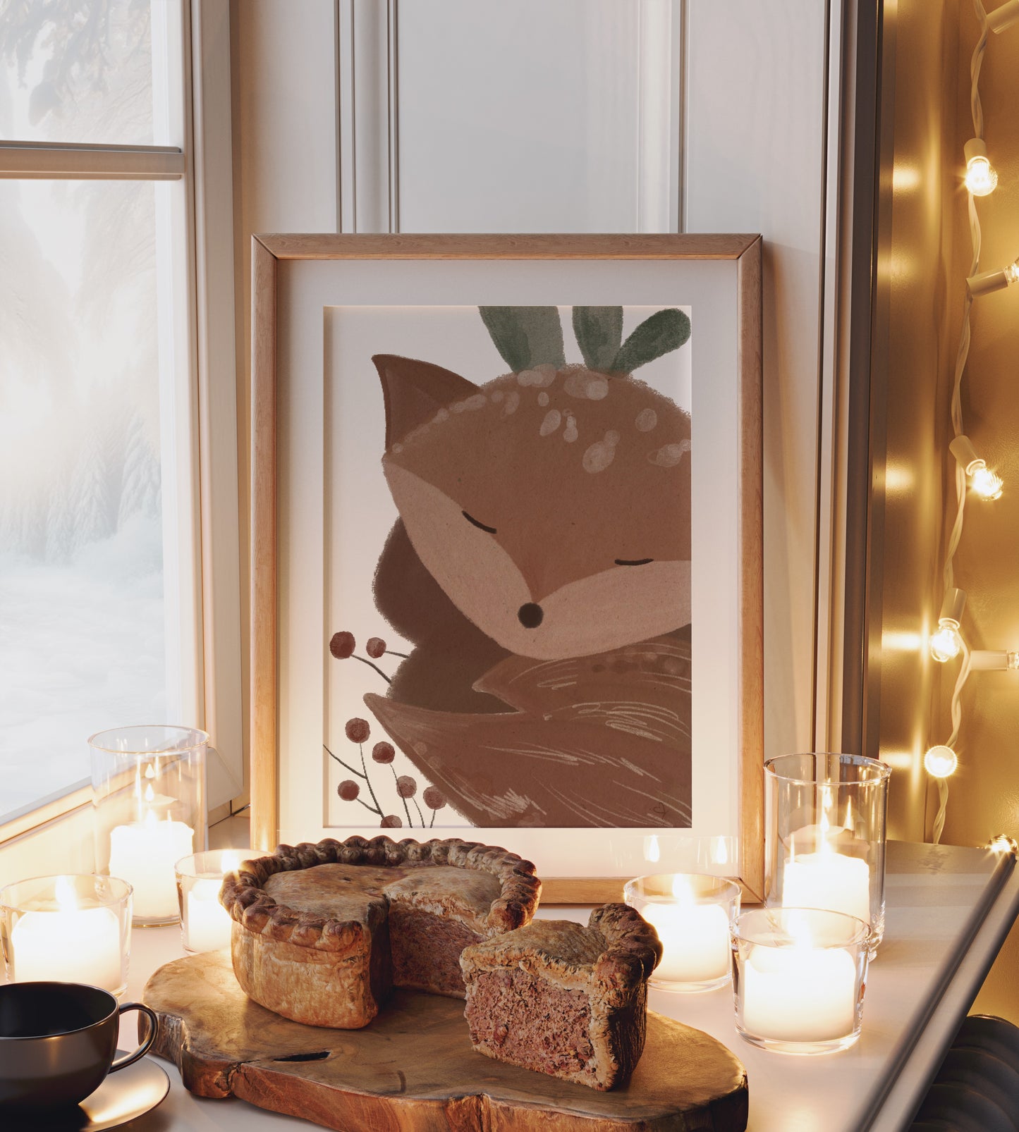 Kinderposter im Rahmen auf dem Fensterbrett im gemütlichen Ambiente bei Kuchen und Kerzenschein.