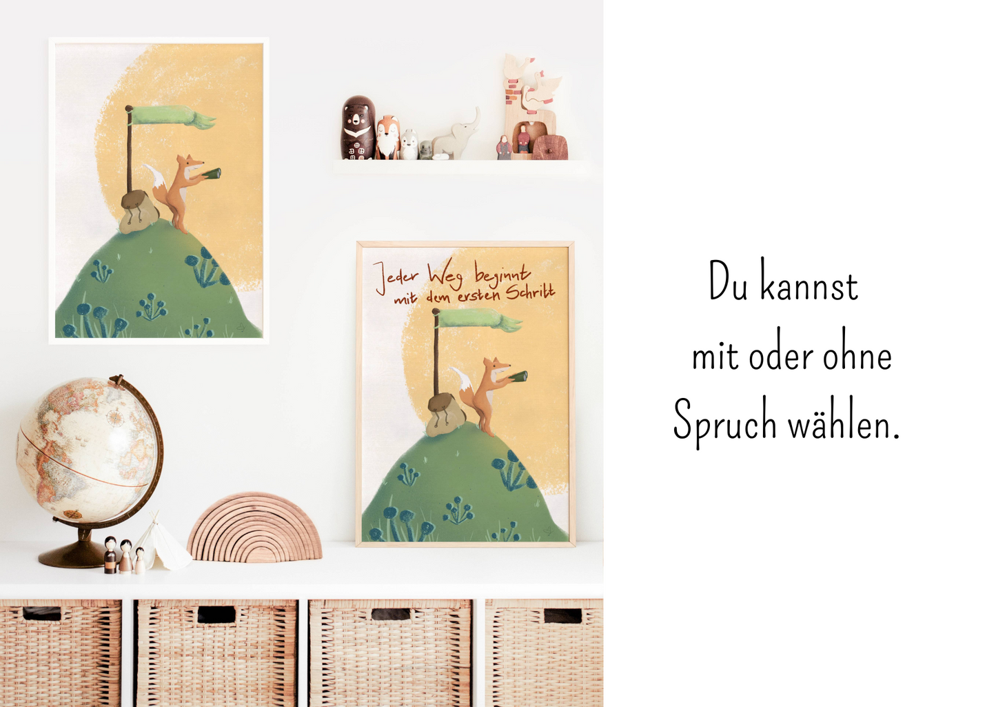 Zwei Poster vom Fuchs im Rahmen im Kinderzimmer zu sehen. Das Poster Mutiger Fuchs ist mit Spruch und ohne Spruch erhältlich.