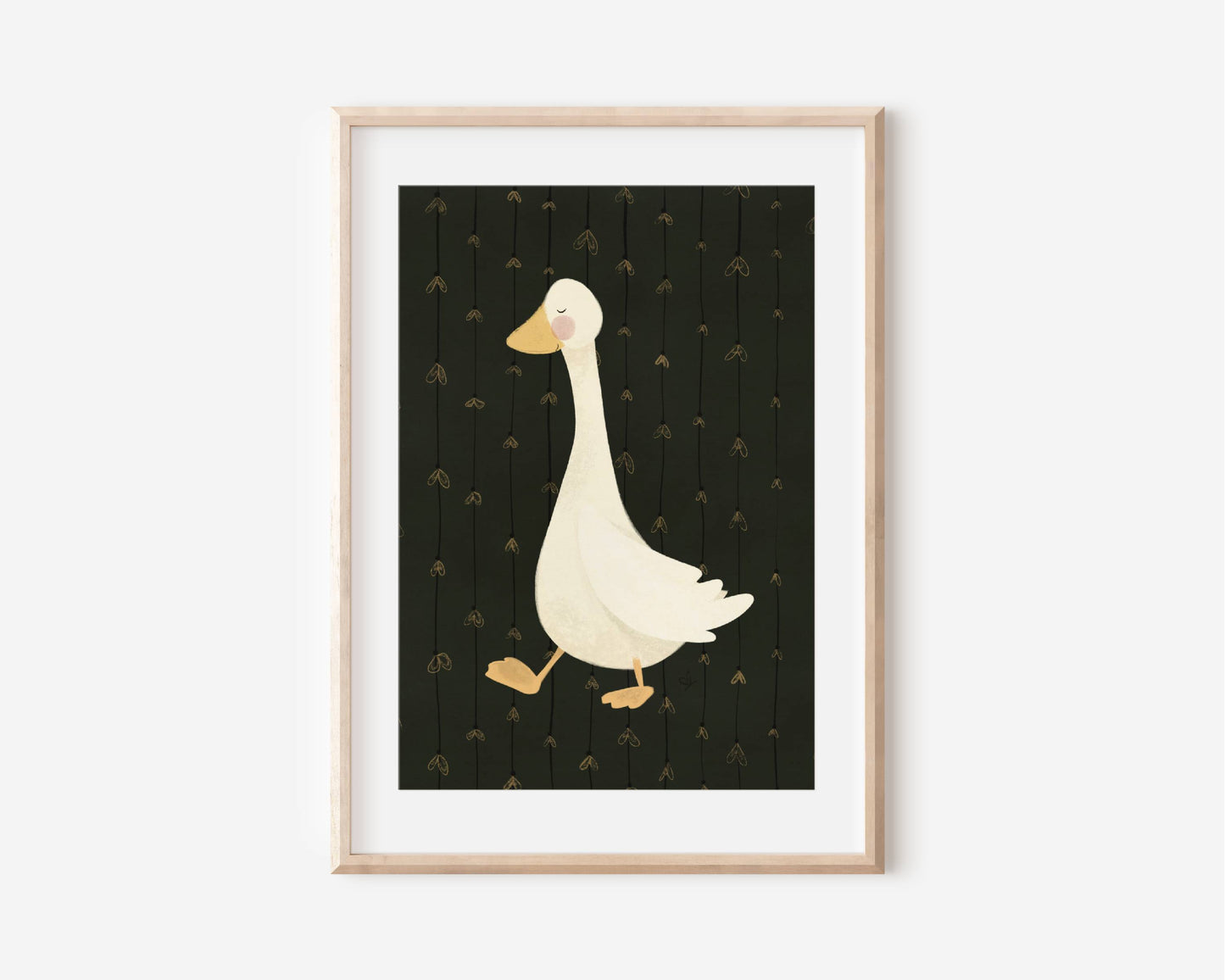 Poster im Rahmen von beiger Gans mit grünem Hintergrund. Vorhang aus Glühwürmchen im Hintergrund. Für Kinder oder Erwachsene als Geschenk oder Wanddeko.