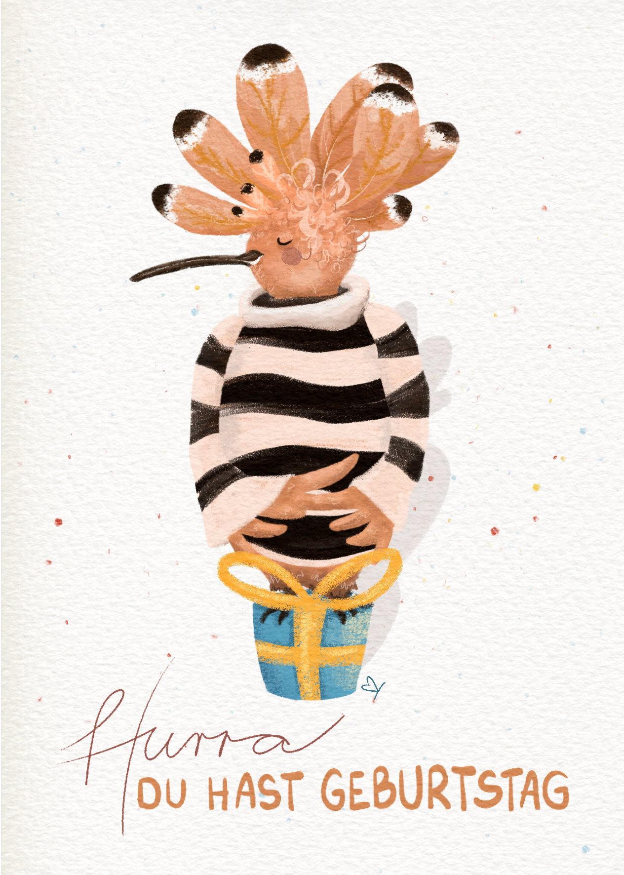Von Hand gezeichneter Vogel in Aquarell Pastell. Ein Wiedehopf mit einem weiß-schwar-gestreiften Pullover.