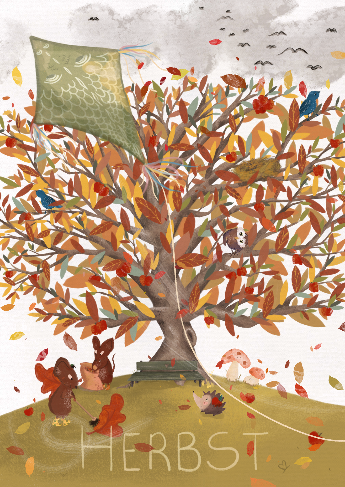 Das Bild "Herbst" ist groß zu sehen mit Details wie süße Mäuse, die Laub harken, ein Drache, der durch die Luft fliegt und einem leeren Vogelnest.