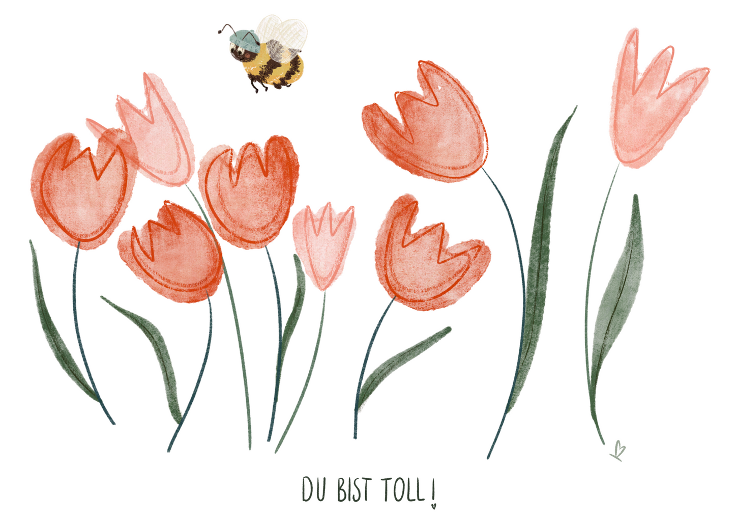 Aquarell-Kreide-Zeichnung von Tulpen und einer Biene Hummel