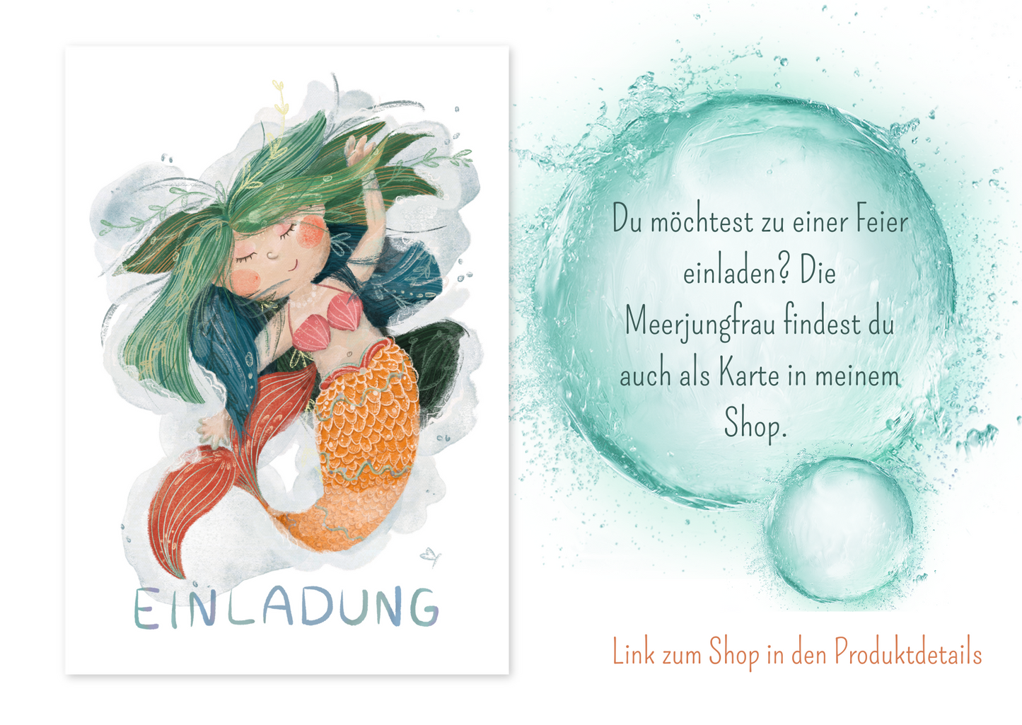 Du kannst die Meerfjungfrau auch als Einladungs Karte erhalten, z.B. passend für einen Kindergeburtstag. Schau im Shop ElisaIllustrates vorbei.