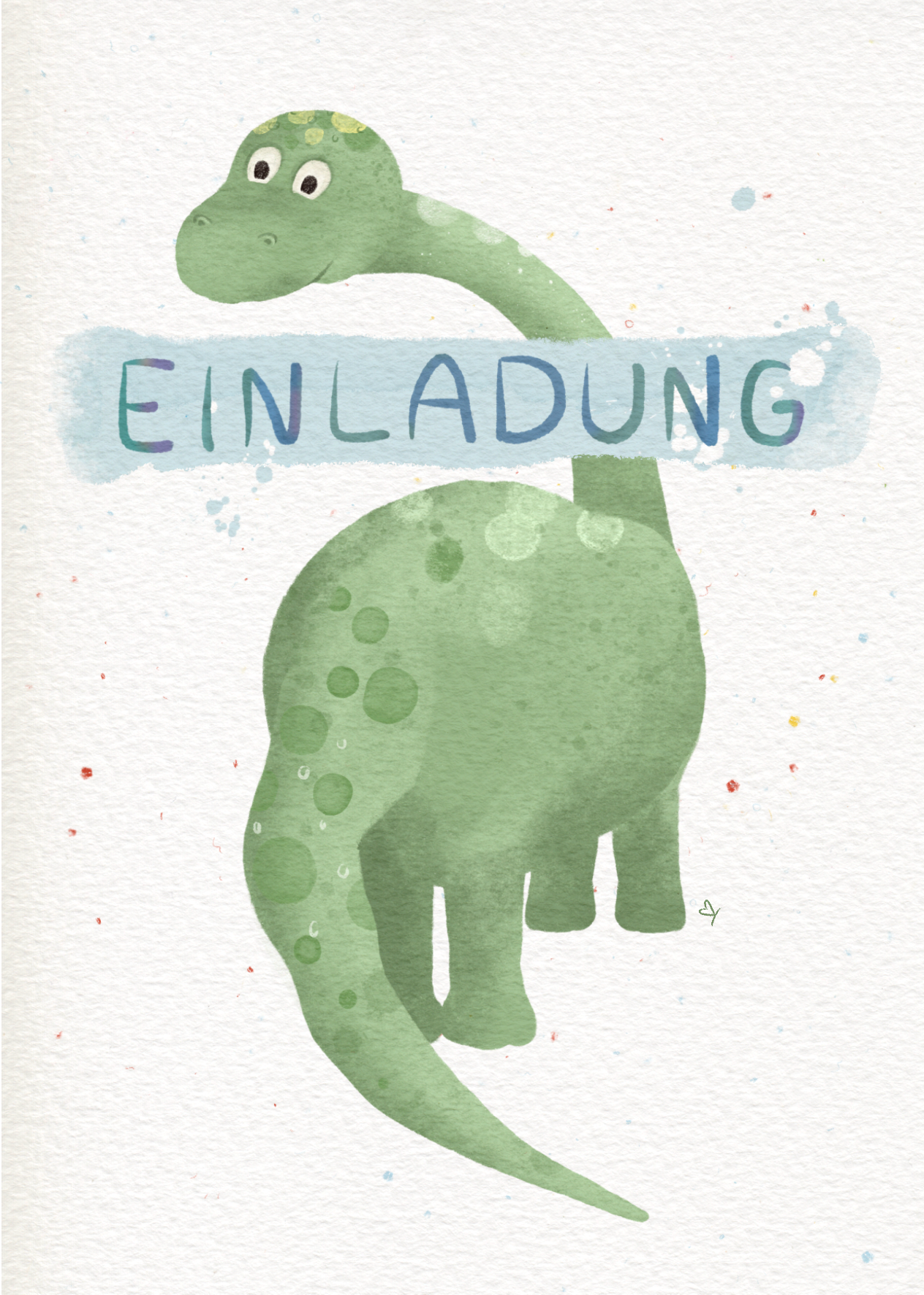 Von Hand gemalte Aquarellzeichnung. Ein mint-grüner Dinosaurier lächelt freundlich überdem Wort EINLADUNG.
