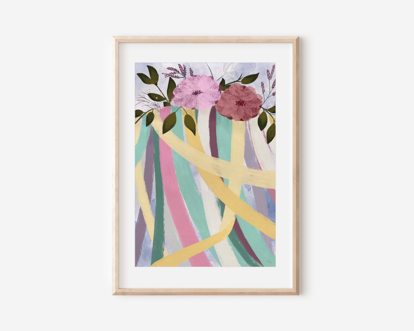 Poster im Rahmen von bunten pastellfarbenen Bändern, die im Wind wehen. Am oberen Ende steckt ein großer Blumenkranz. Maibaum - Für Kinder oder Erwachsene als Geschenk oder Wanddeko.