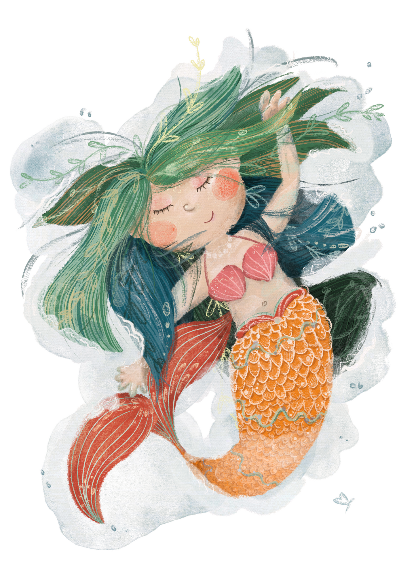 Von Hand gemalte Illustration für Kinder. Aquarell Pastell Kreide Zeichnung. Grün blau türkis gelbes Haar. Rot orange gelbe Flosse und Bikini