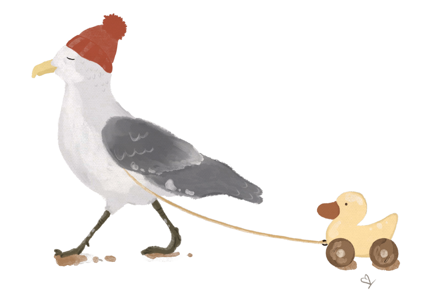 Handgemachte Illustration von niedlicher Möwe mit Spielzeugente. Man sieht die schöne, detaillierte Struktur des Motives.