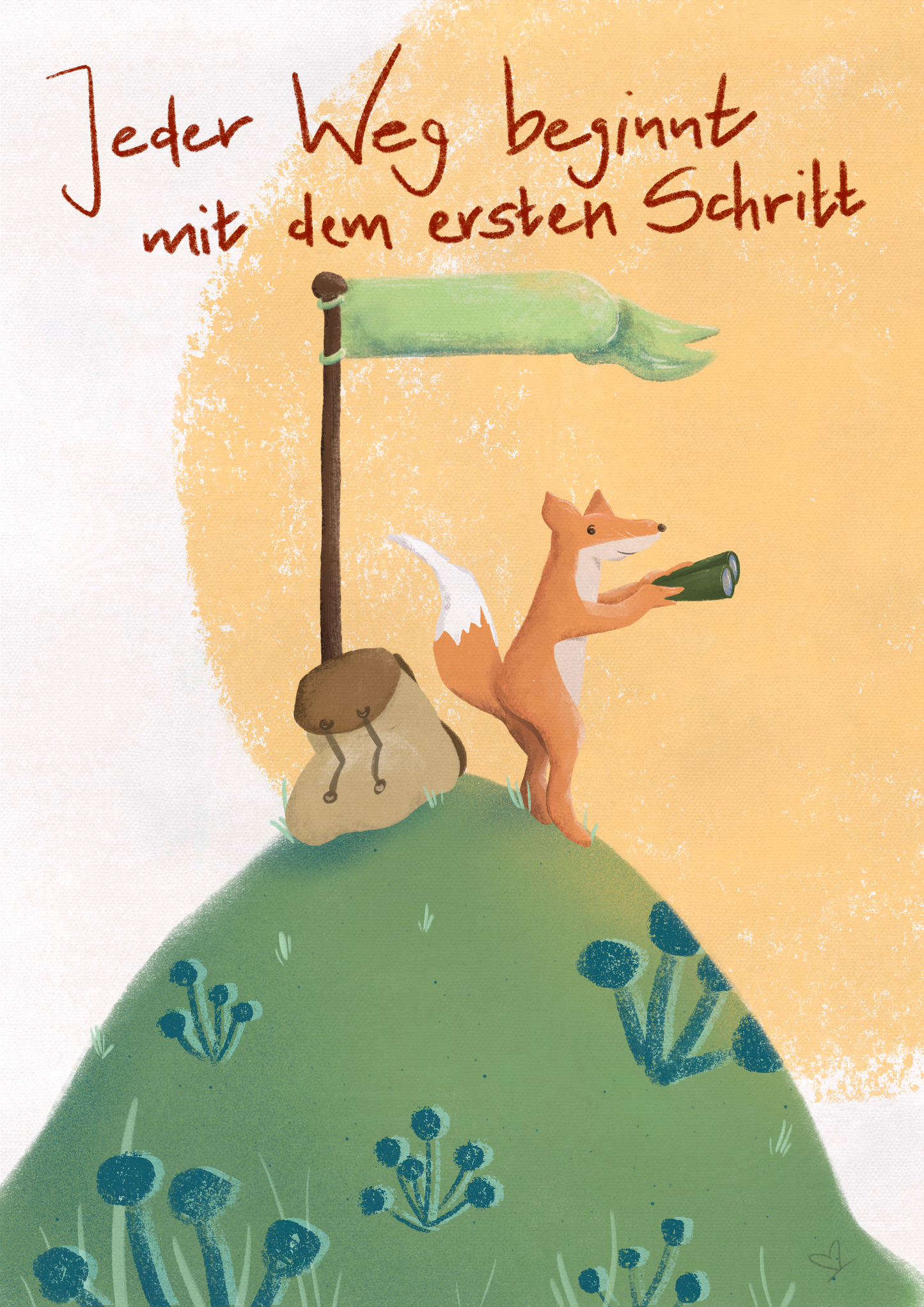 Das Bild Mutiger Fuchs ist eine handgemachte Illustration. Man sieht die schöne, detaillierte Struktur des Motives. Ein Fuchs steht mit Fernglas auf einem grünen Berg und schaut in die Ferne. Im Hintergrund eine riesige senfgelbe Sonne.Die Postkarte Mutiger Fuchs mit Spruch - Jeder Weg beginnt mit dem ersten Schritt - steht angelehnt an einem Stück Birke in natürlichem Ambiente mit Holzspielzeug. Karte zum Schulstart