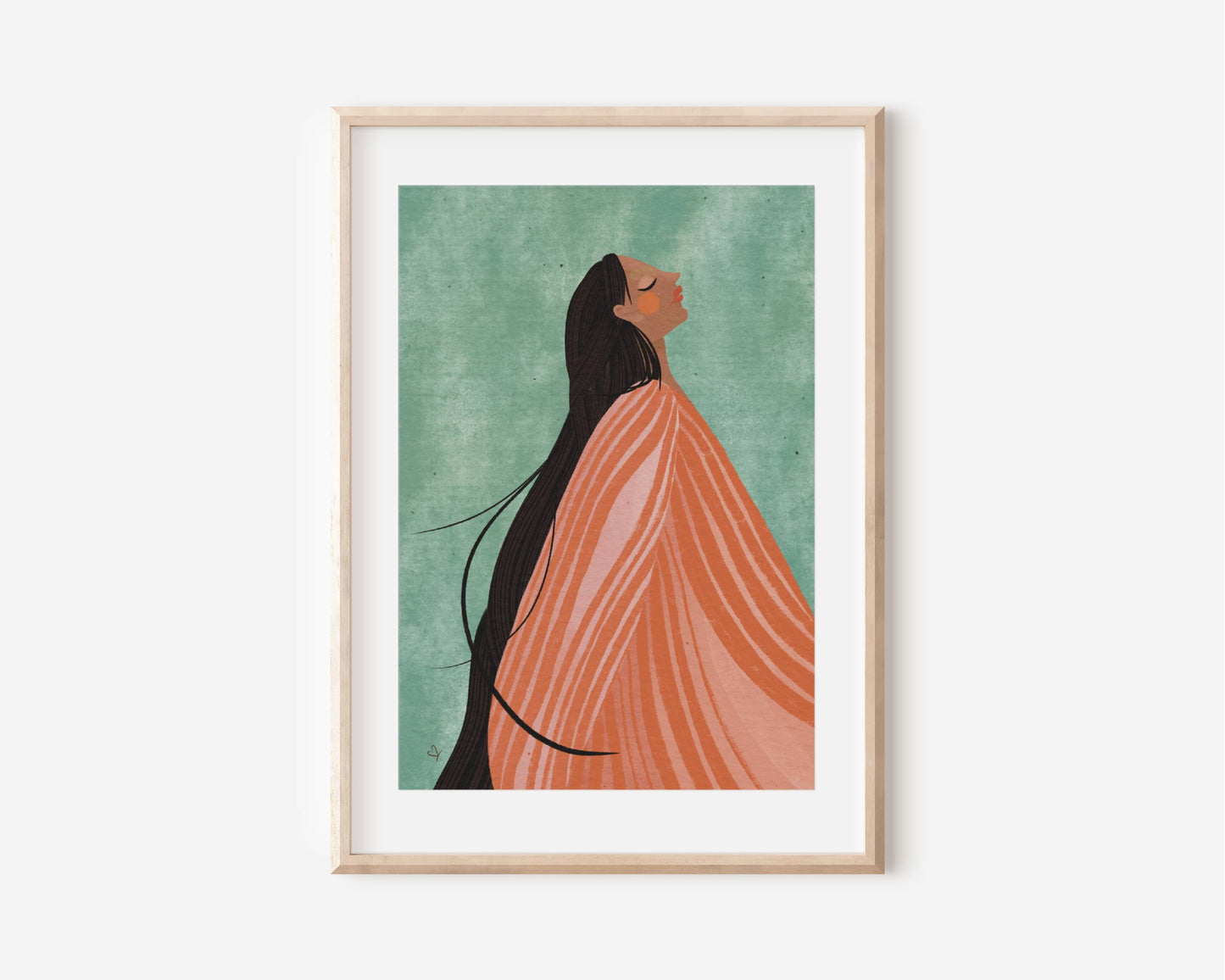 Poster im Rahmen von einer Frau mit langem braunen Haar und sehr großem rosé/orange farbenem Kleid. Der Wind bläst durch ihr Haar und ihr Kleid. Türkiser Hintergrund. Leuchtend kreisrunde Wangen. Für Kinder oder Erwachsene als Geschenk oder Wanddeko.