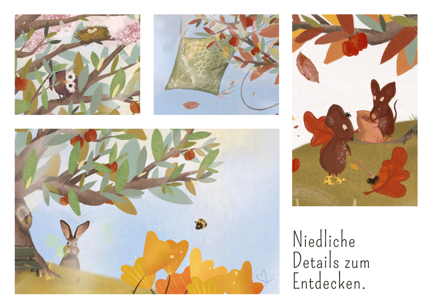 Hier sieht man einige Details genauer wie lustige Bienen an Blumen, Mäuse, die Laub harken oder eine niedliche Eule, die schief zwischen knackigen Äpfeln hervorschaut.
