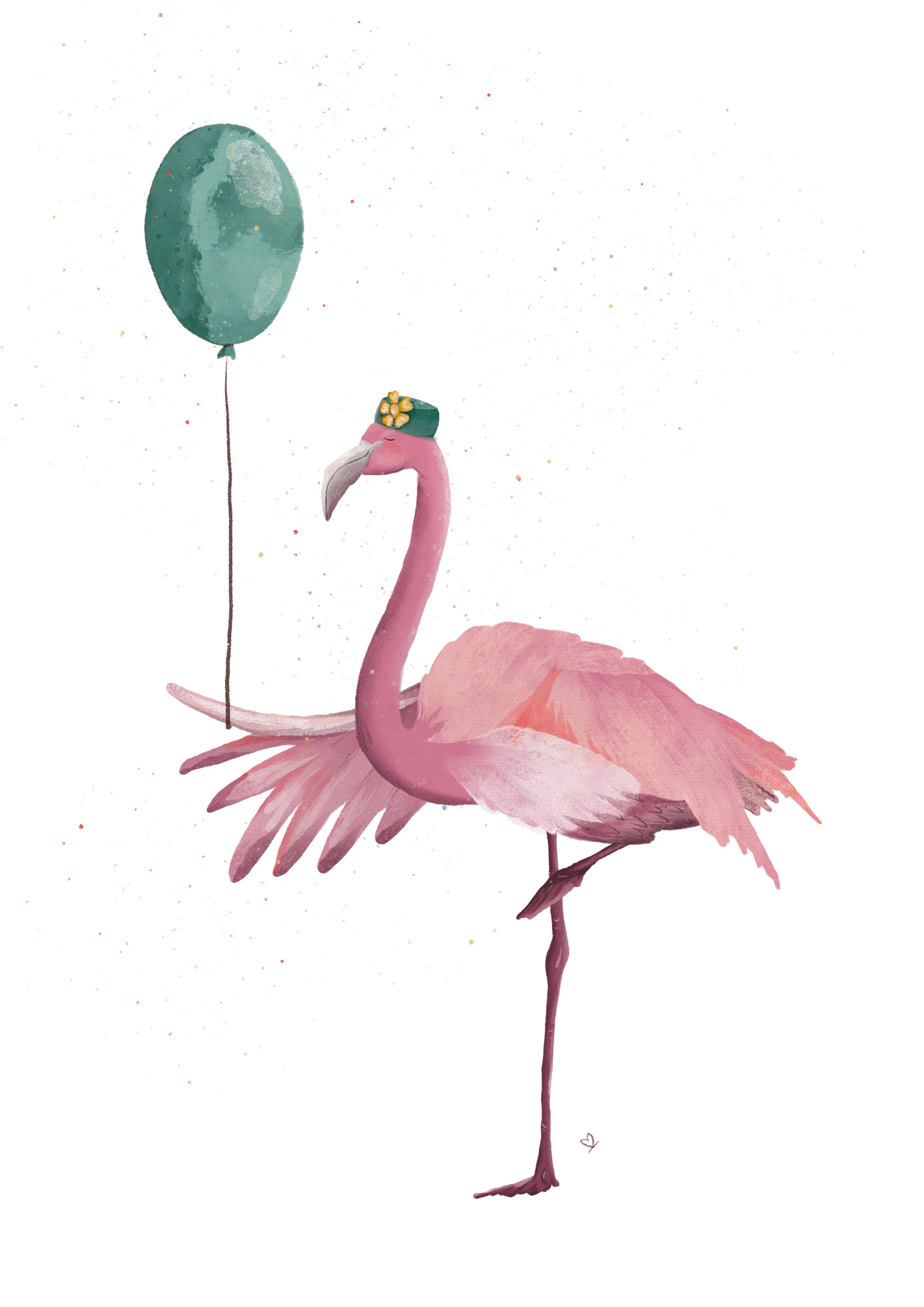 Handgemachte Illustration vom fröhlichen Flamingo mit Luftballon und Konfettiregen. Man sieht die schöne, detaillierte Struktur des Motives.