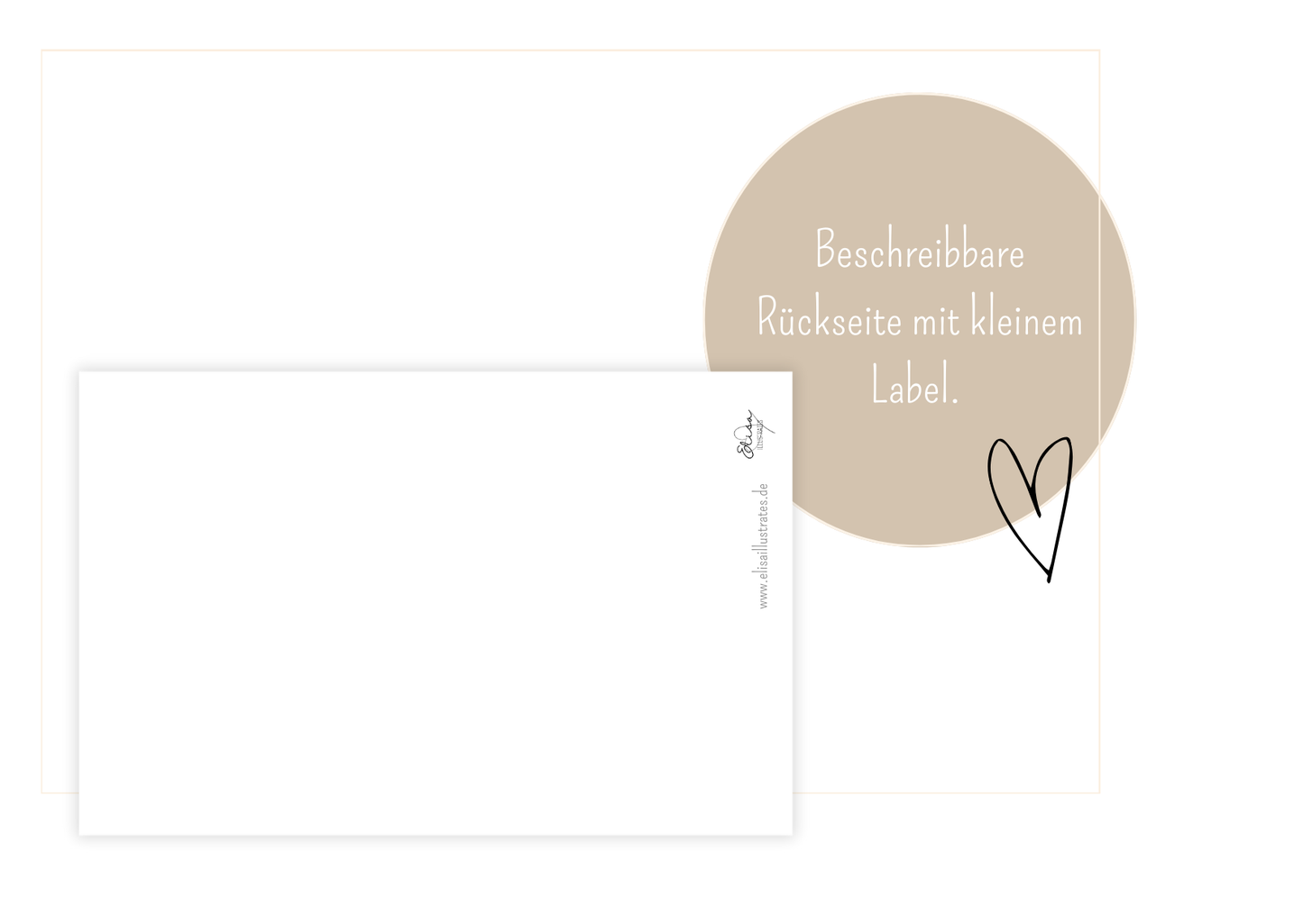 Die Rückseite der Karte ist weiß und beschreibbar. In der Ecke befindet sich ein kleines Herz-Logo und meine Website.
