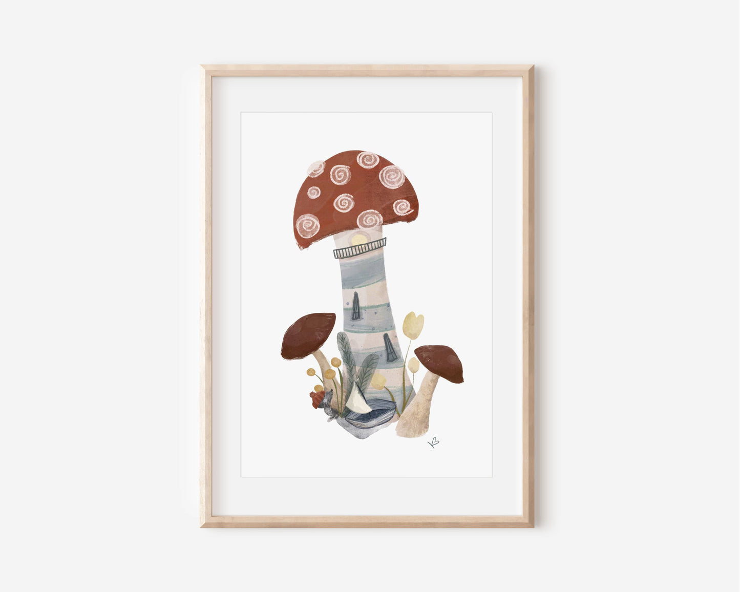 Poster im Rahmen von einem handgezeichneten Fliegenpilz, der von einer Maus als Leuchtturm umfunktioniert wurde. Maus mit Seemannsmütze und Boot, weitere Pilze, Blumen, Gräser sind davor.Für Kinder oder Erwachsene als Geschenk oder Wanddeko.