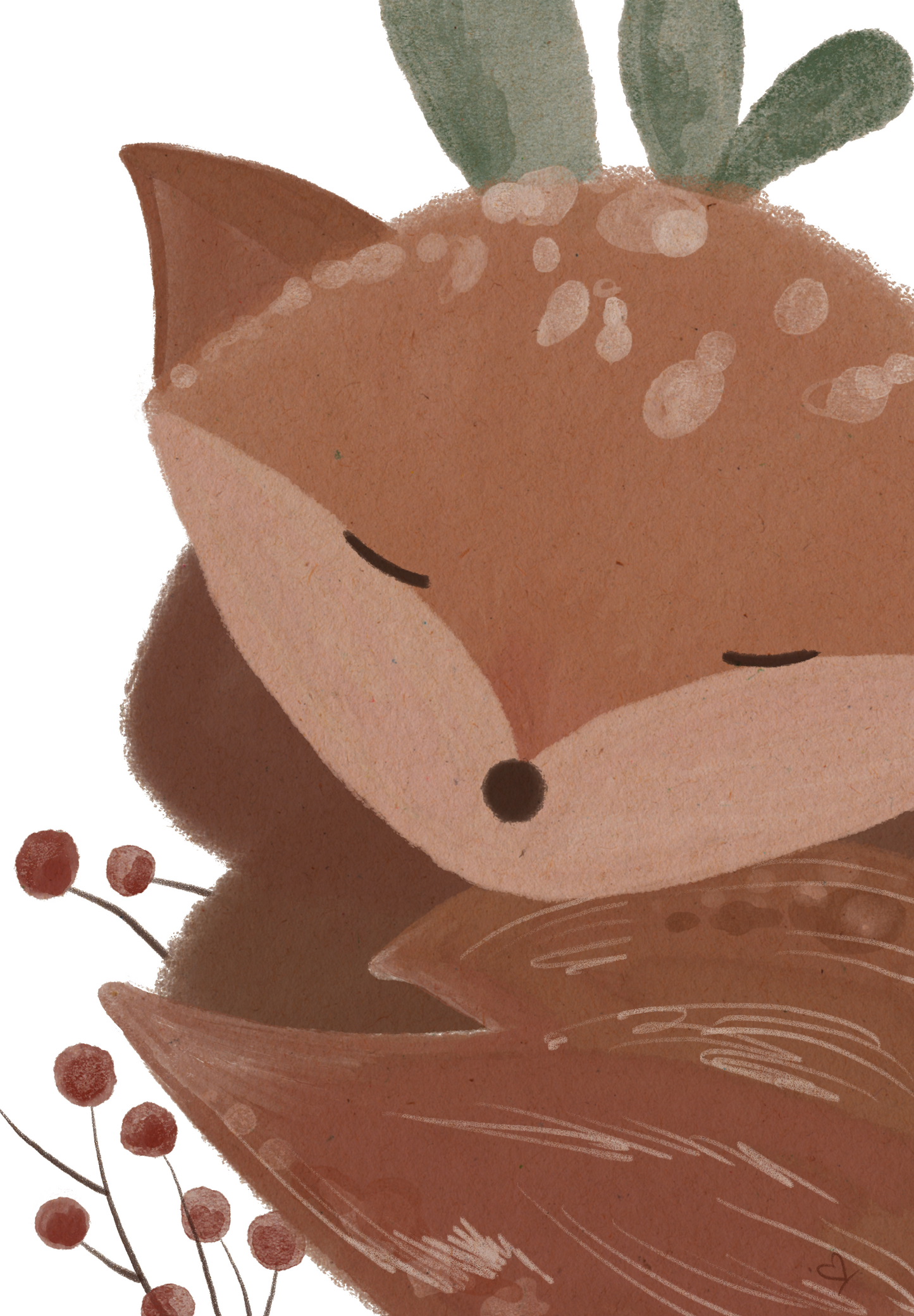 Grußkarte Schlafender Fuchs in bräundlichen Farben mit roten Beeren im Hintergrund. Karte für ein Kind zur Geburt, zum Geburtstag, für liebevolle Worte.