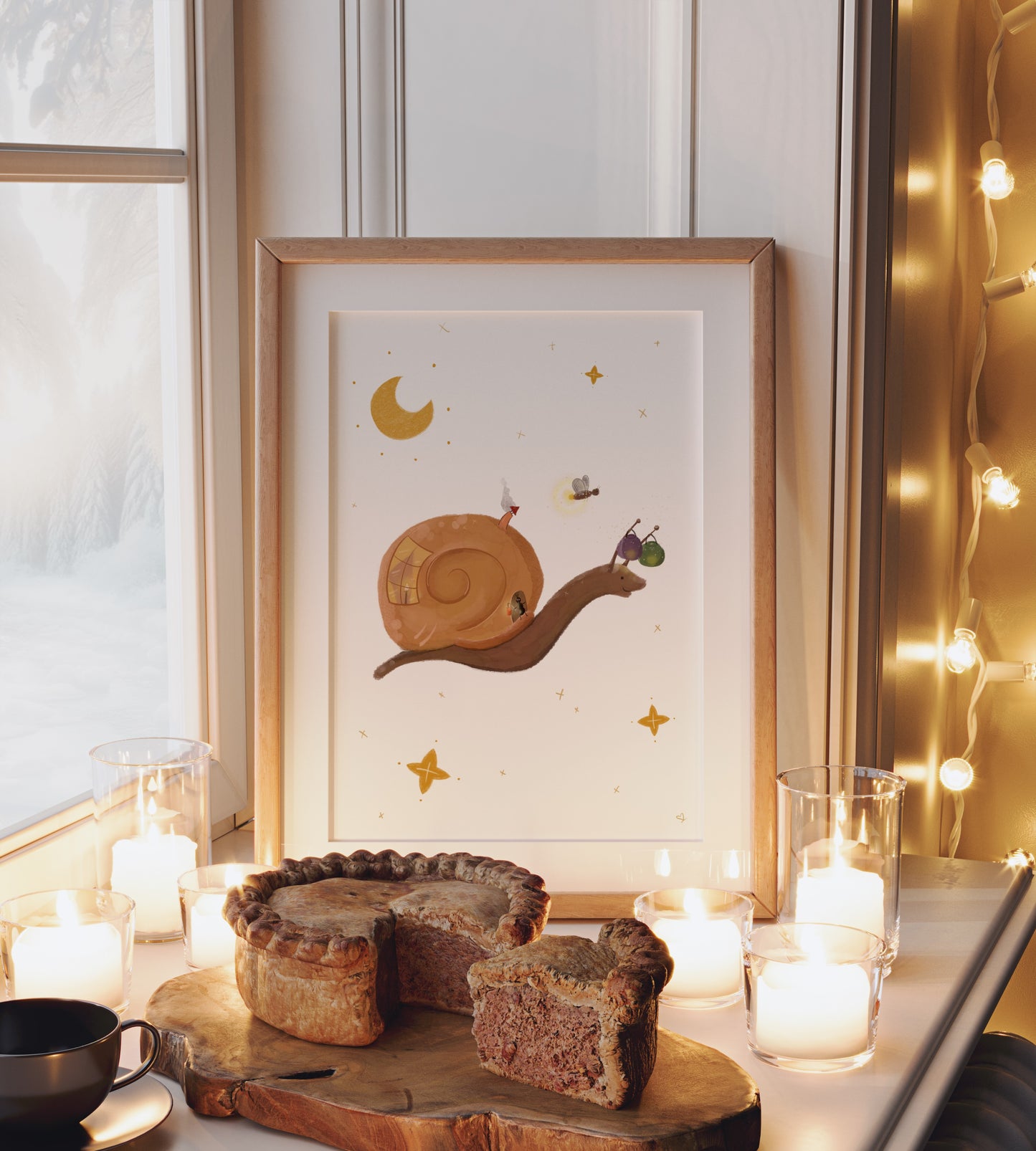 Poster im Holzrahmen im gemütlichen Ambiente auf dem Fensterbrett mit Kuchen und Kerzen.