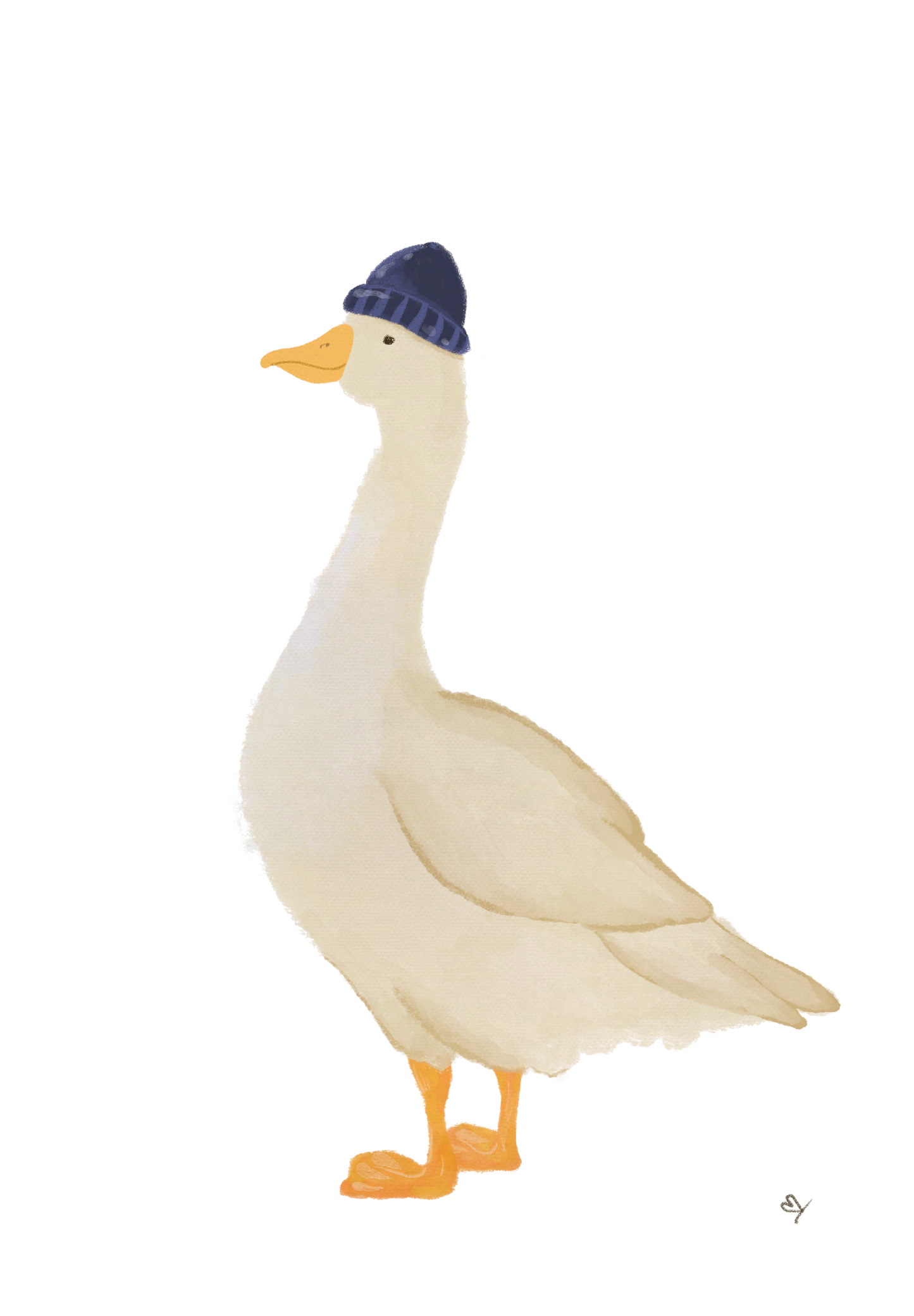 Handgemachte Illustration von niedlicher Gans mit maritimer Mütze. Man sieht die schöne, detaillierte Struktur des Motives.