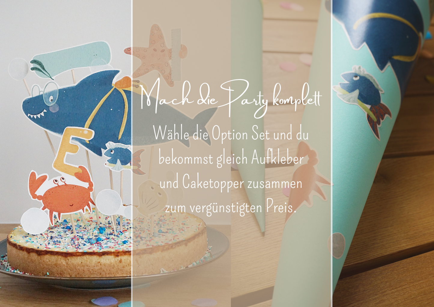 Mach die Party komplett: Wähle die Option Set und du bekommst gleich Aufkleber und Caketopper zusammenzum vergünstigten Preis.