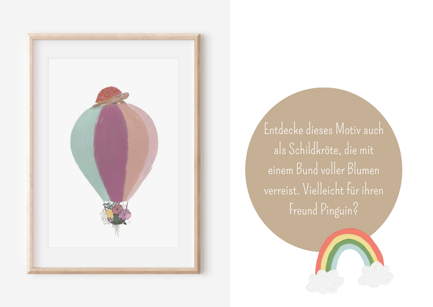 Entdecke dieses Motiv auch als Schildkröte, die mit einem Bund voller Blumen verreist. Vielleicht für seinen Freund Pinguin? Diese Variante der Ballonfahrt findest du in meinem Shop Elisa Illustrates.