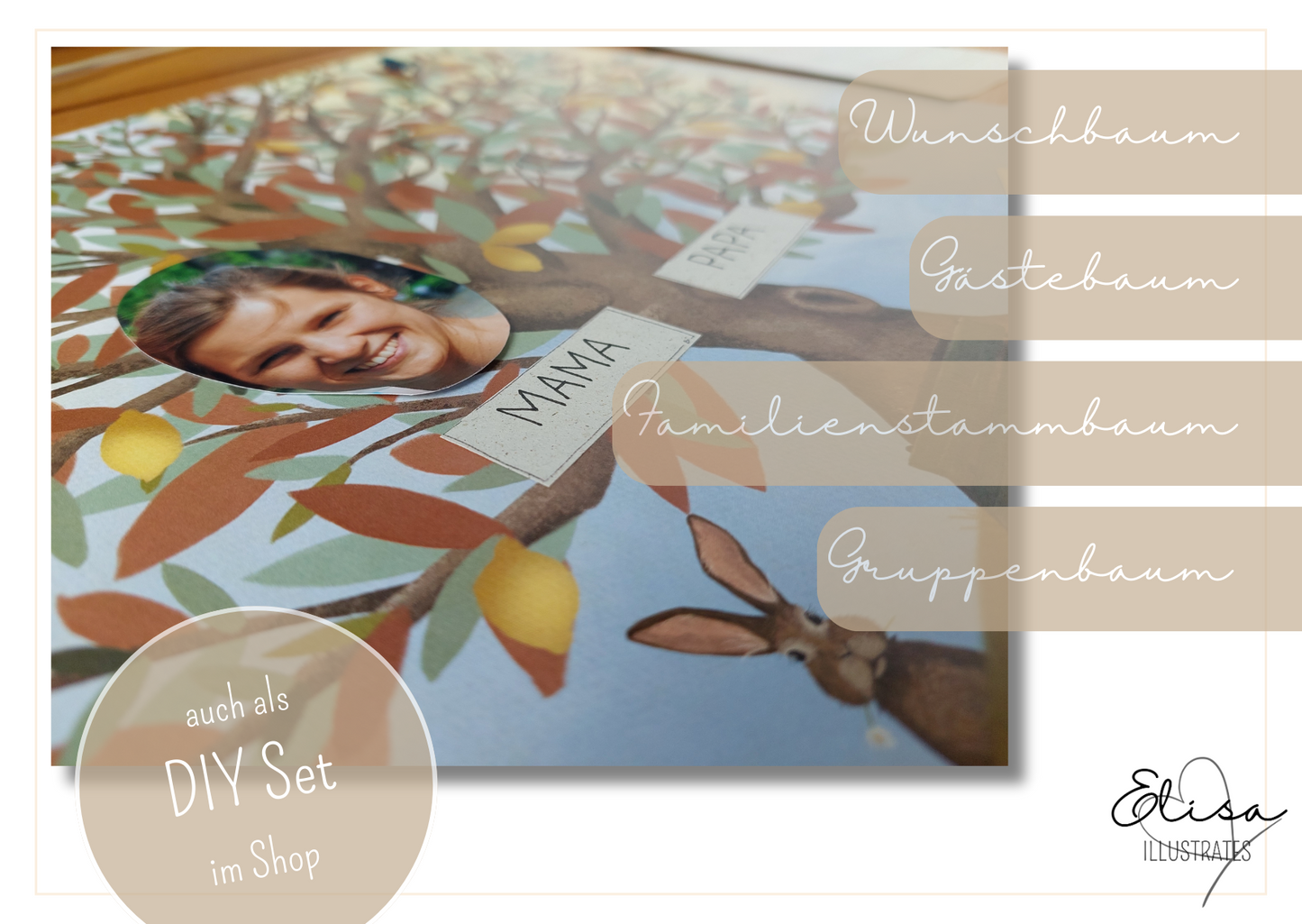Auch als DIY Set im Shop erhältlich. Den Zitronenbaum zum Wunschbaum, Gästebaum, Familienstammbaum, Gruppenbaum als Abschiedsgeschenk für die Kita, Schule verwandeln. Zum Set gehören Graspapieraufkleber.