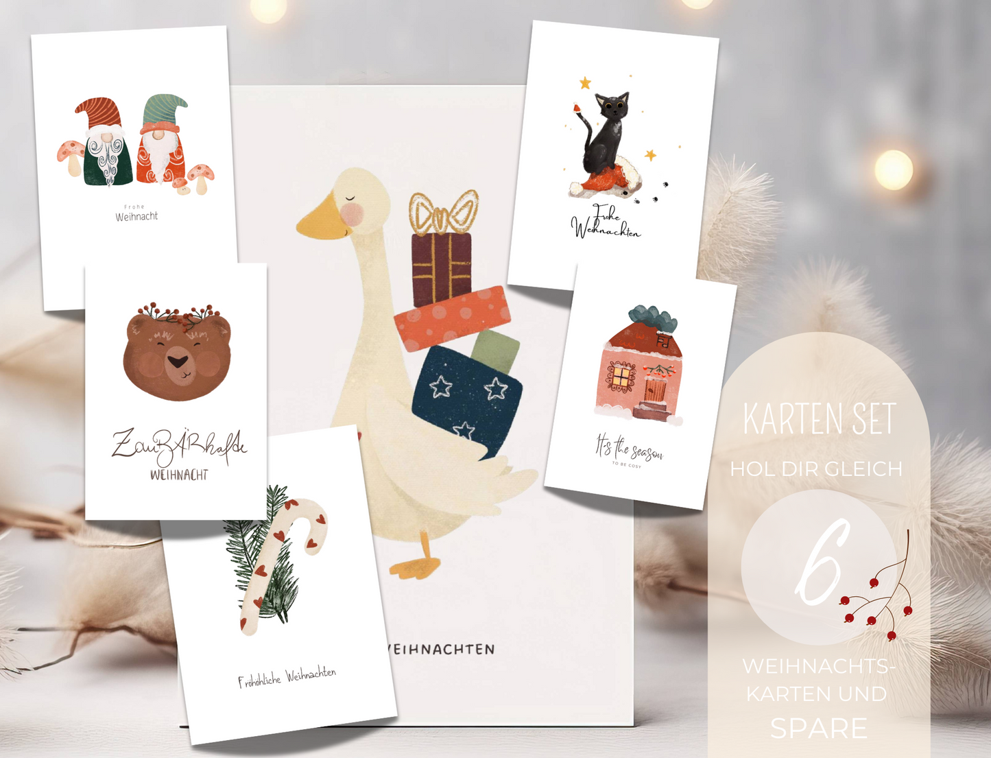 Hol dir gleich das vergünstigte Weihnachtskarten Set mit 6 wunderschönen Aquarell-Kreide-Zeichnungen und Sprüchen, die fröhliche Weihnachten wünschen. Für Kinder und Erwachsene geeignet.