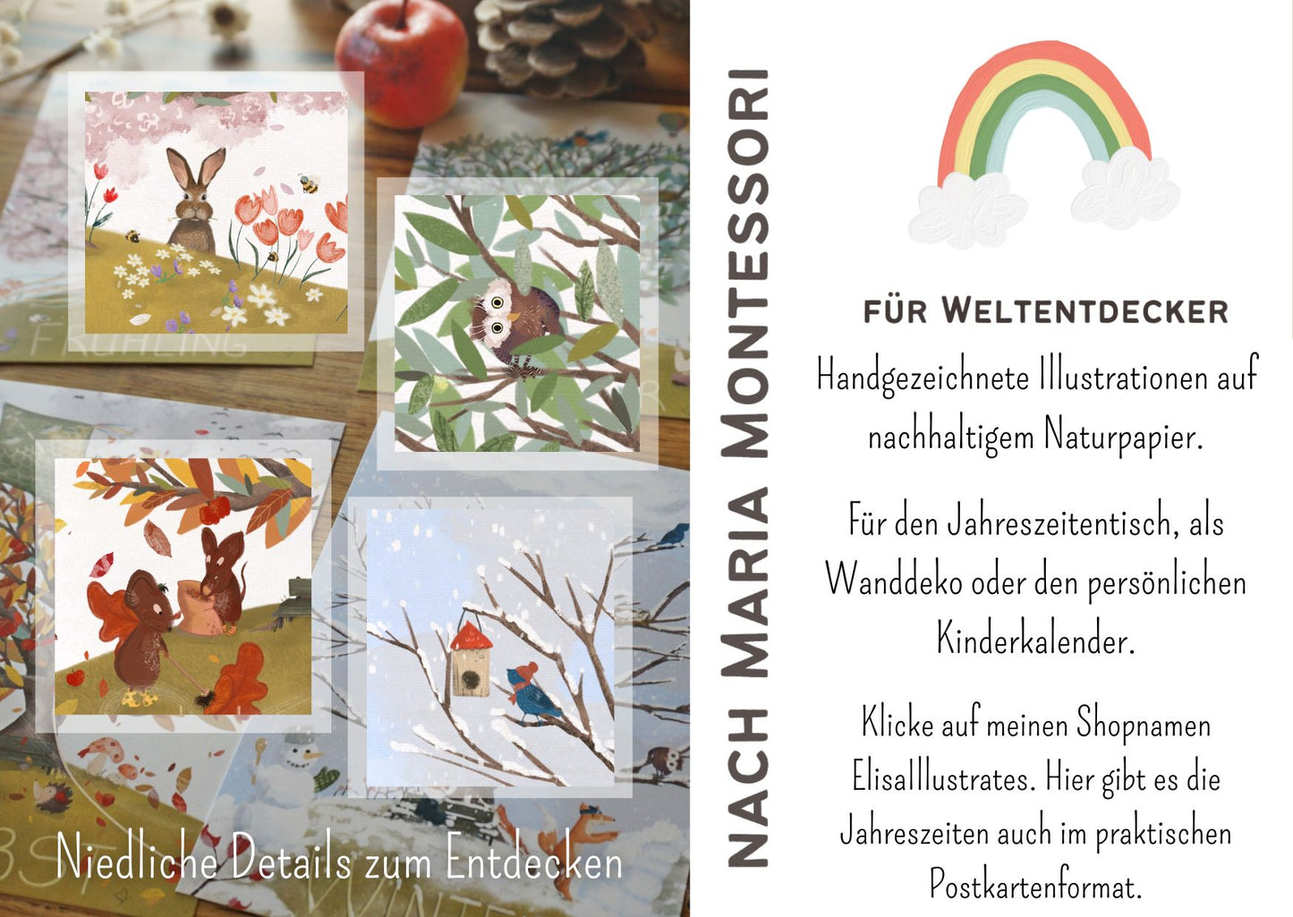 Für Weltentdecker nach Montessori. Handgemachte Illustrationen mit niedlichen Details zum Entdecken auf nachhaltigem Naturpapier. Man sieht die schöne, detaillierte Struktur der Motive. Vieles ist zu entdecken wie ein Vogel mit Schal am Vogelhäuschen oder ein wunderschöner Frühlingskranz mit bunten Bändern, der um den Baum weht oder Mäuse, die Laub kehren.