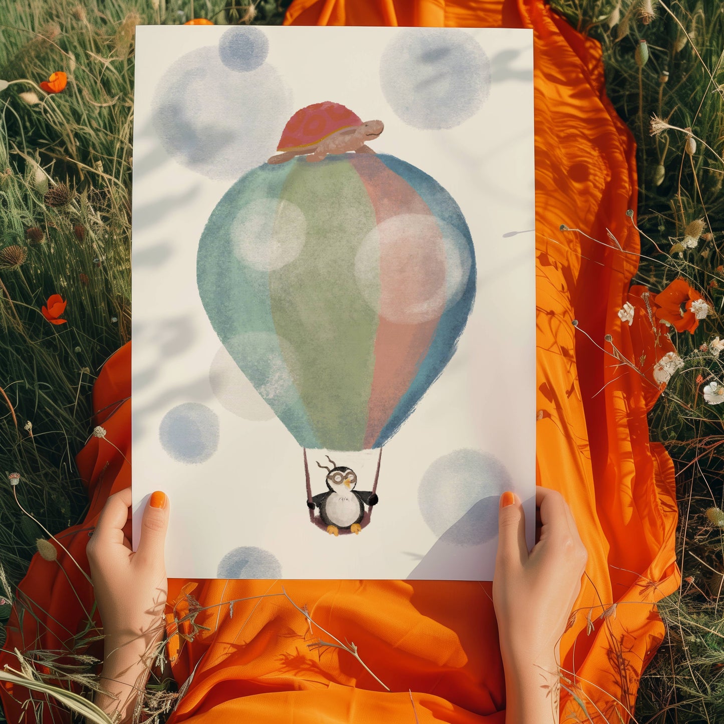 Poster liegt auf dem Schoß eines Mädchens, welches auf einer Blumenwiese sitzt. Handgemalte Illustration von bunt gestreiftem Heißluftballon. Oben drauf sitzt eine Schildkröte und unten dran hängt ein fröhlicher Pinguin. Sie fliegen durch Seifenblasen. Für Kinder oder Erwachsene als Geschenk oder Wanddeko.