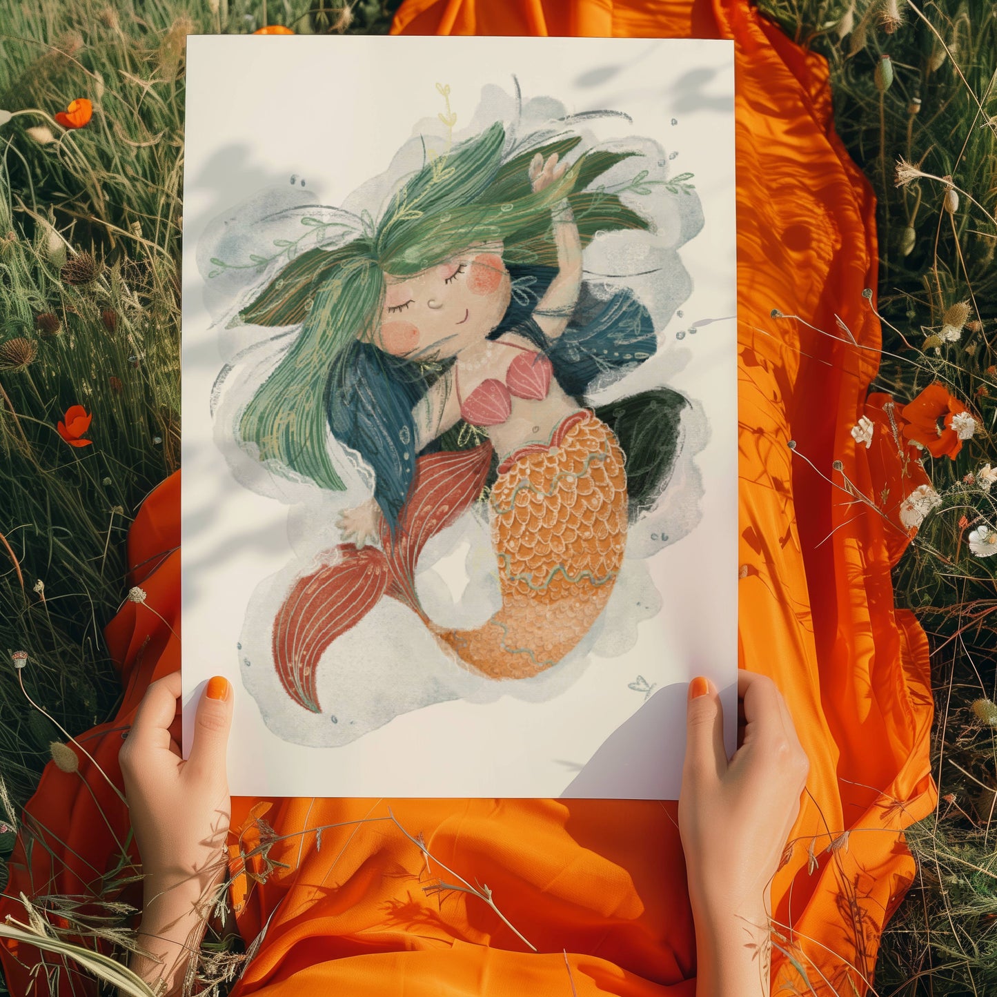 Handgezeichnete Illustration einer süßen Meerjungfrau, die sich auf dem Rücken im Wasser treiben lässt. Poster liegt auf dem Schoß eines Mädchens, das auf einer Blumenwiese sitzt.