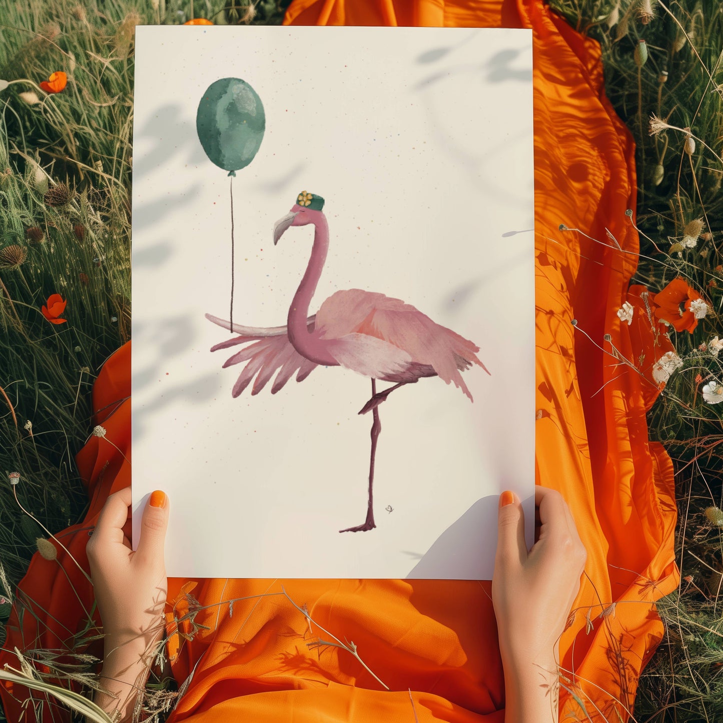 Handgezeichnete Illustration von pinkem Flamingo mit Luftballon im Flügel und hübschem Hut.