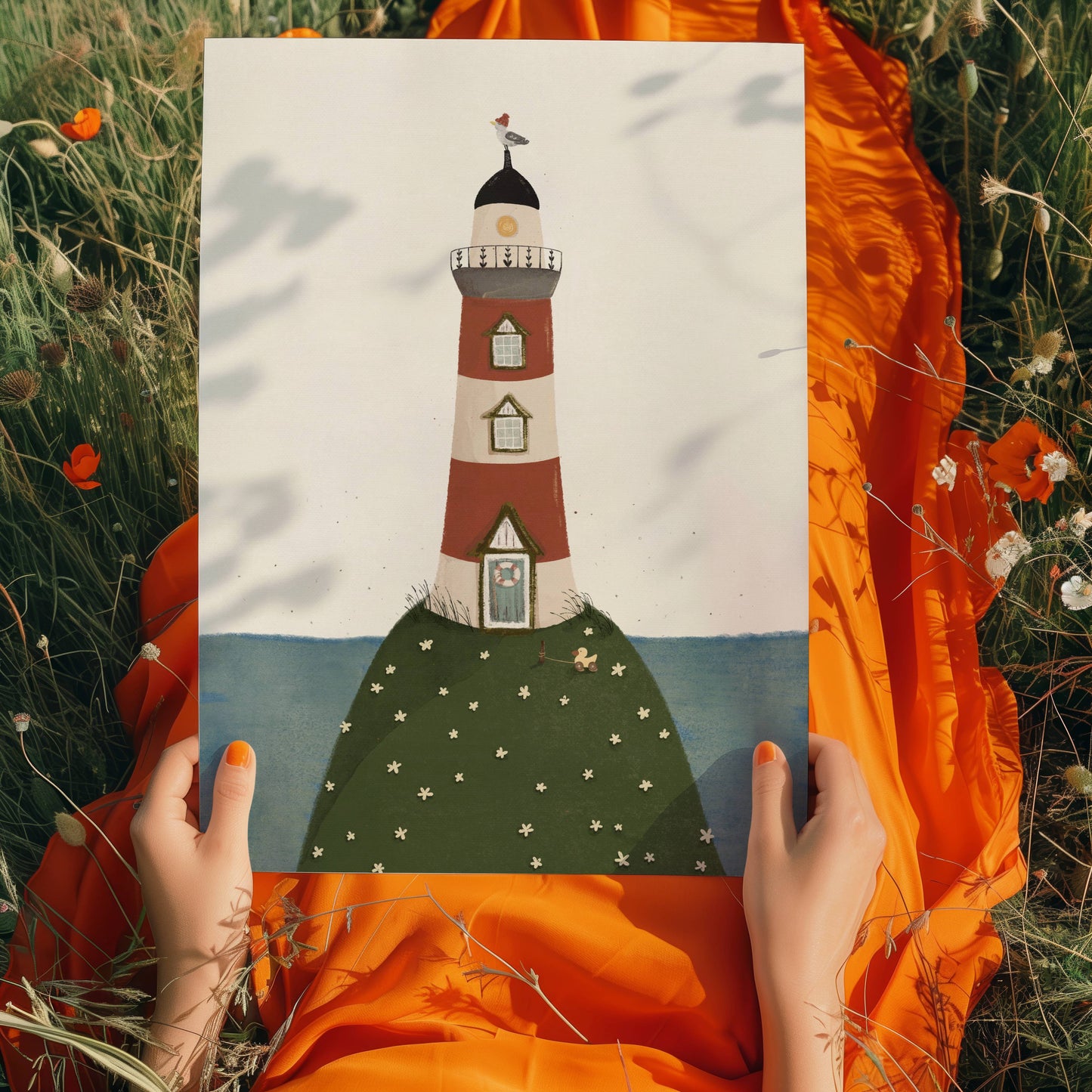 Poster Leuchtturm mit Möwe und Ente A4 & A3 Kinderposter