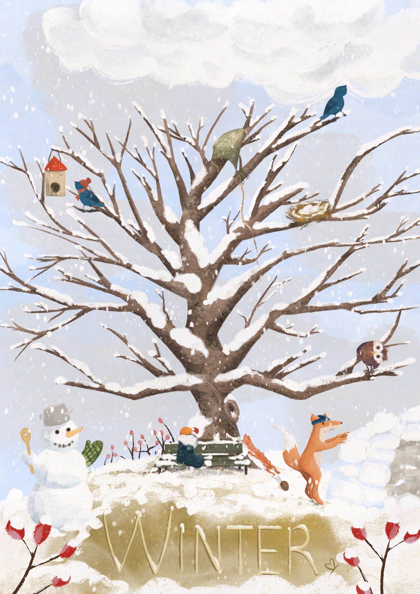 Das Bild "Winter" ist groß zu sehen mit Details wie einem Schneemann, ein Fuchs, der ein Iglu baut, einem alten Drachen, der im Baum hängt und einem zugeschneiten Vogelnest, der Vogel dazu sitz mit Schal vor einem Vogelhäuschen.
