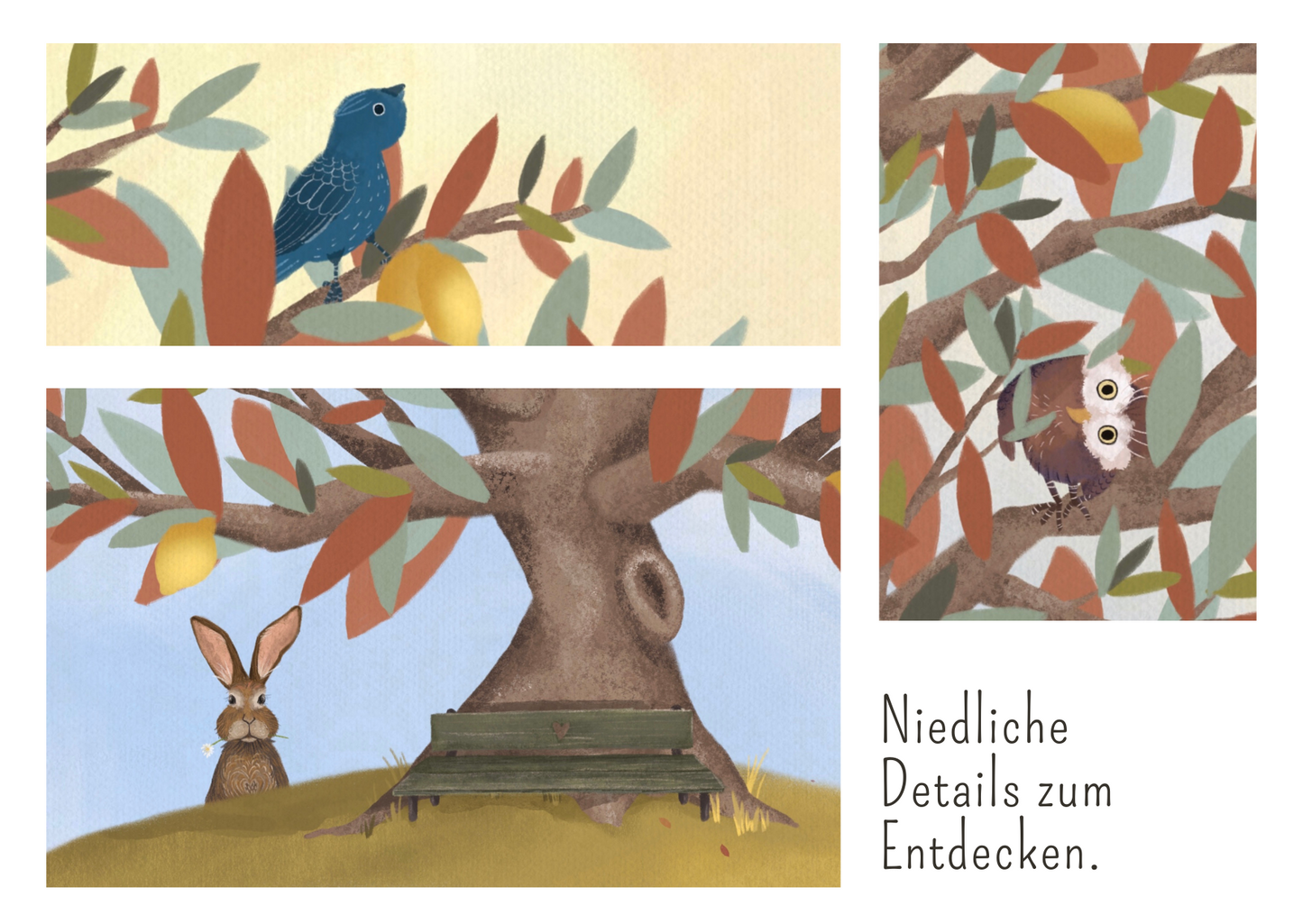 Niedliche kleine Details wie Vögel und Hase.