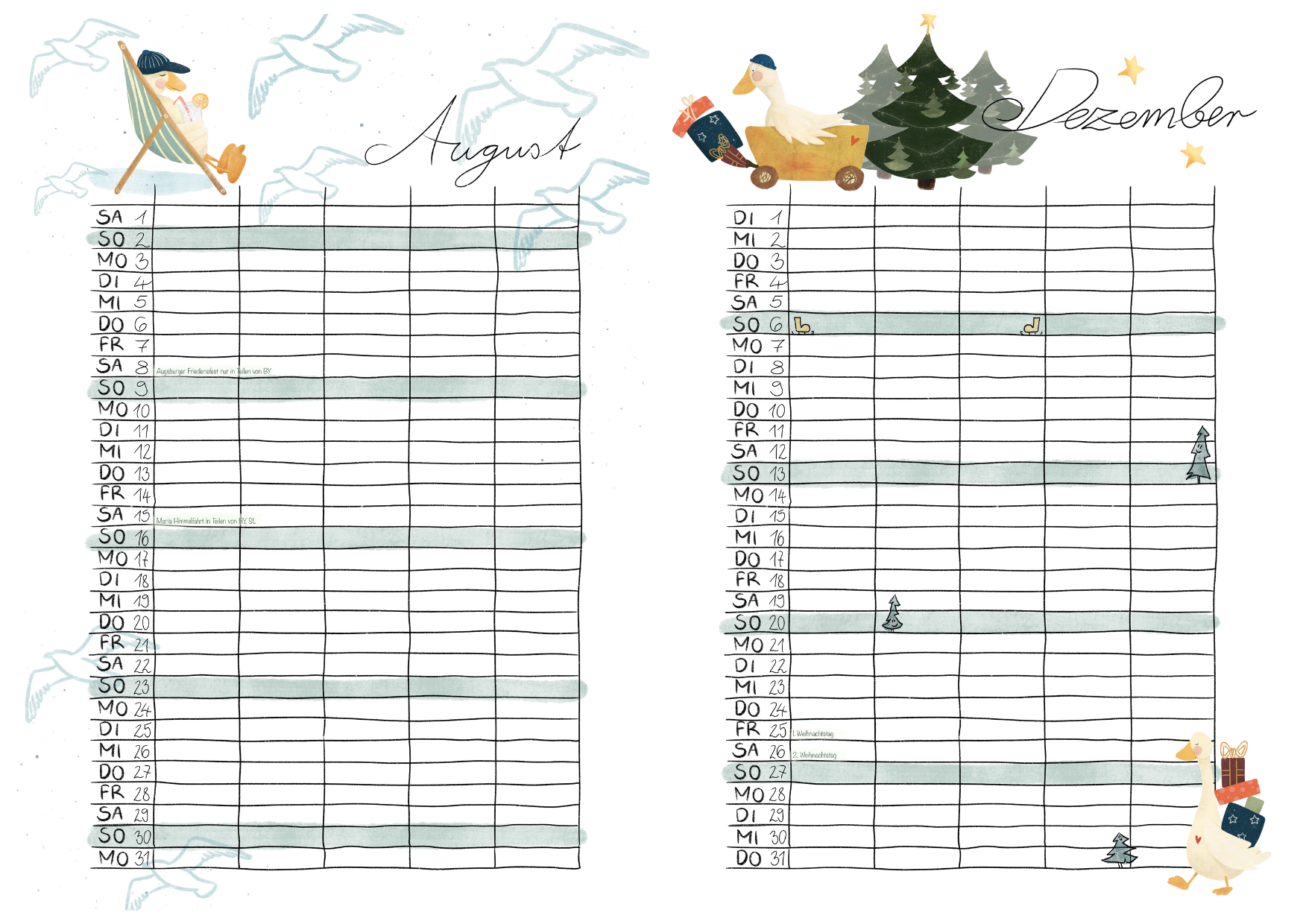 2026 Familienkalender mit schönen Zeichnungen. Hier Sommer und Winter Monate: August und Dezember