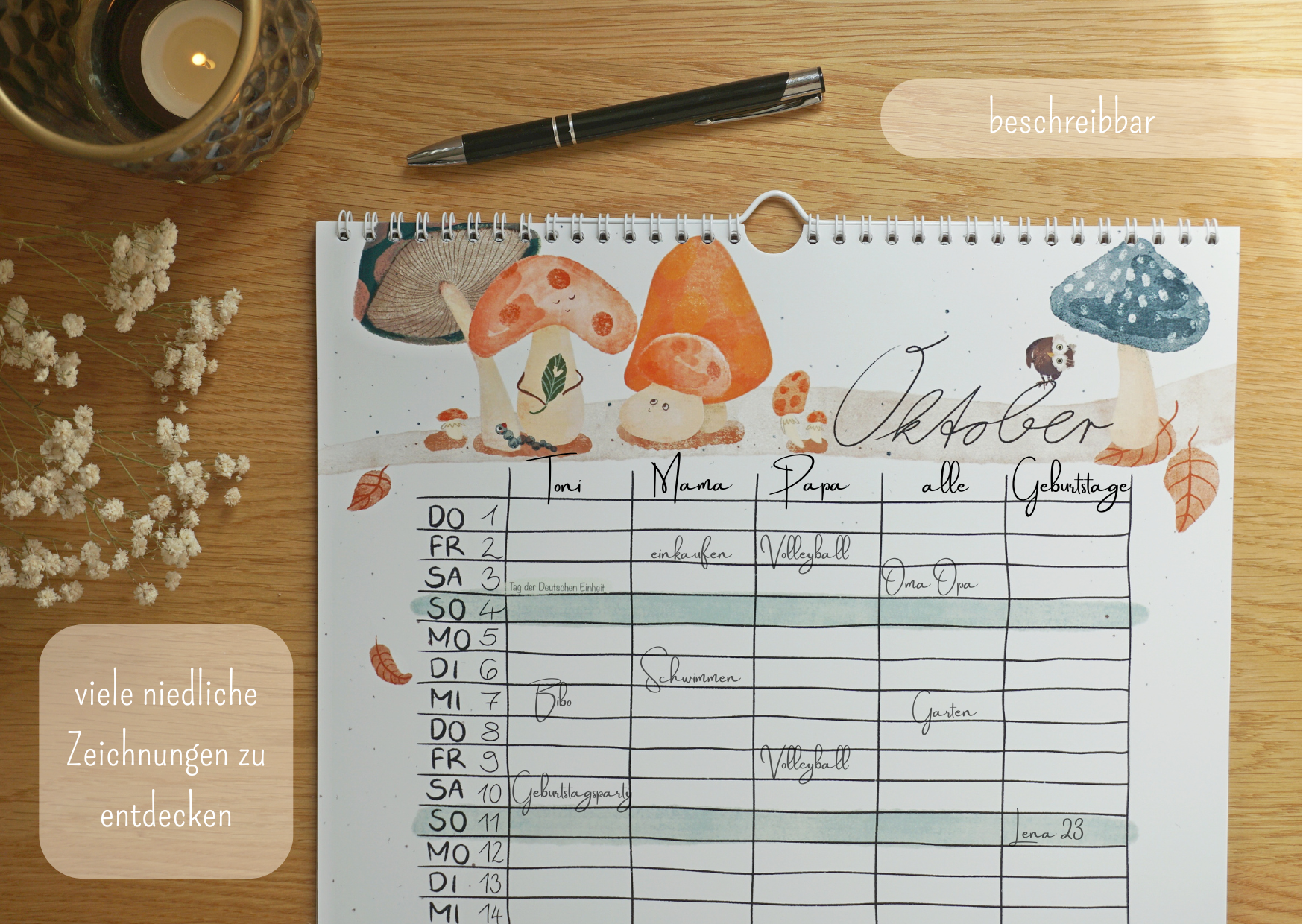 Perfektes Geschenk zu Weihnachten. Personalisiere ihn z.B. gleich mit Geburtstagen und Events. Hier die Beispiel Seite Oktober: Ein herbstlich hyggeliges Gefühl vermitteln lustige Pilze und eine süße Eule. Es gibt viel zu entdecken. Der Kalender ist beschreibbar - hier Beispiele zu sehen.